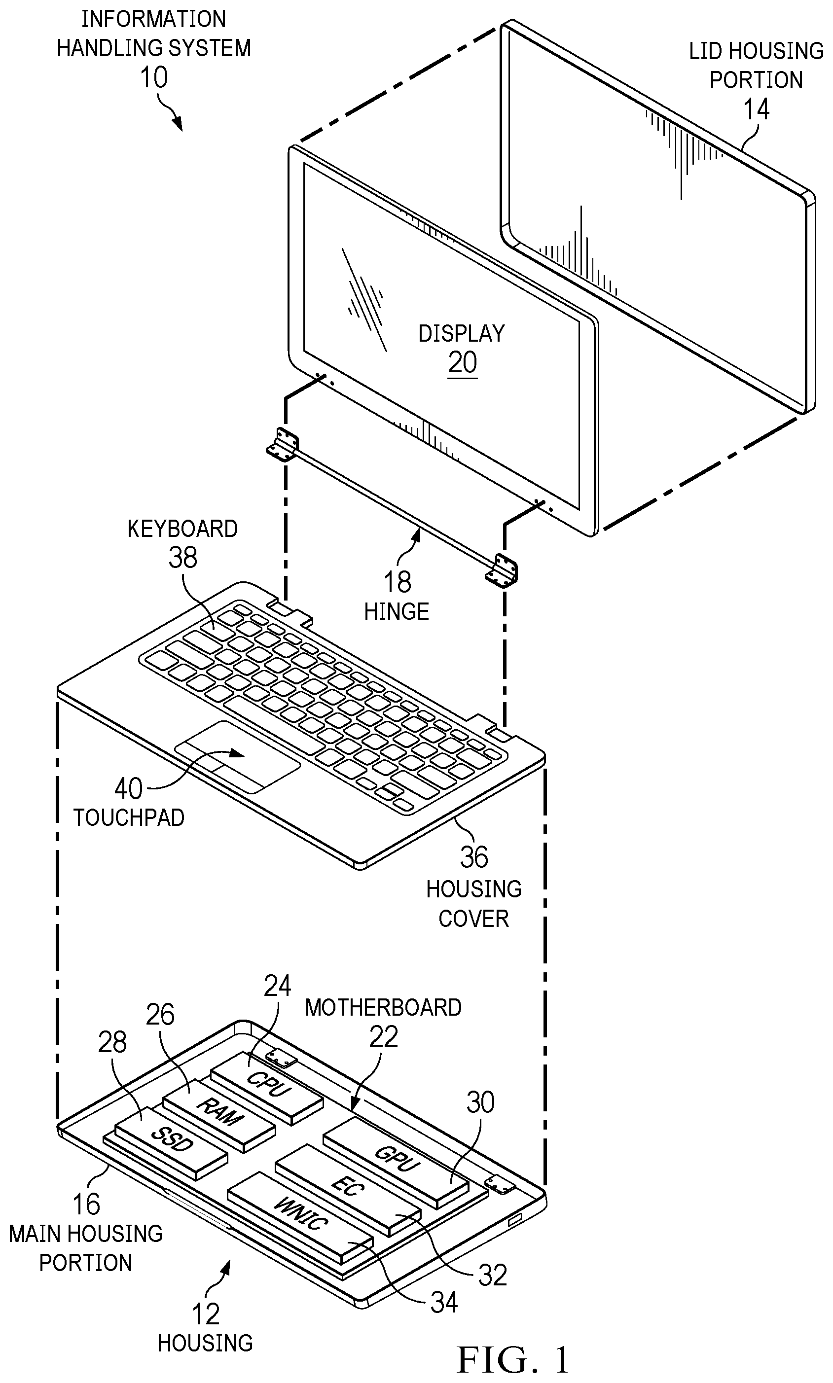 Patent US12602122 Figure 1 – Information handling system touch detection device grounding and self-test