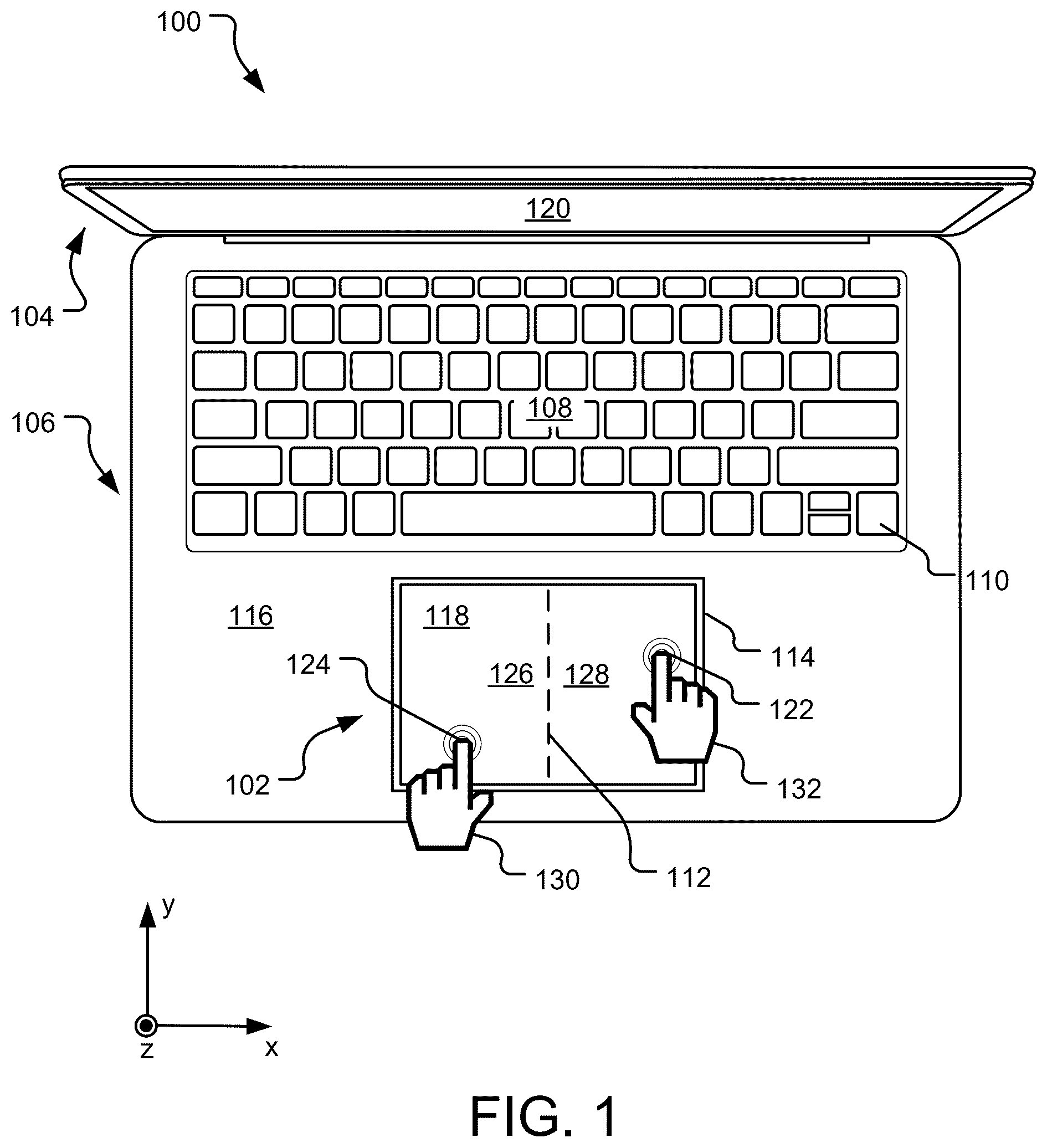 Patent US12602127 Figure 1 – Virtually divided input trackpad