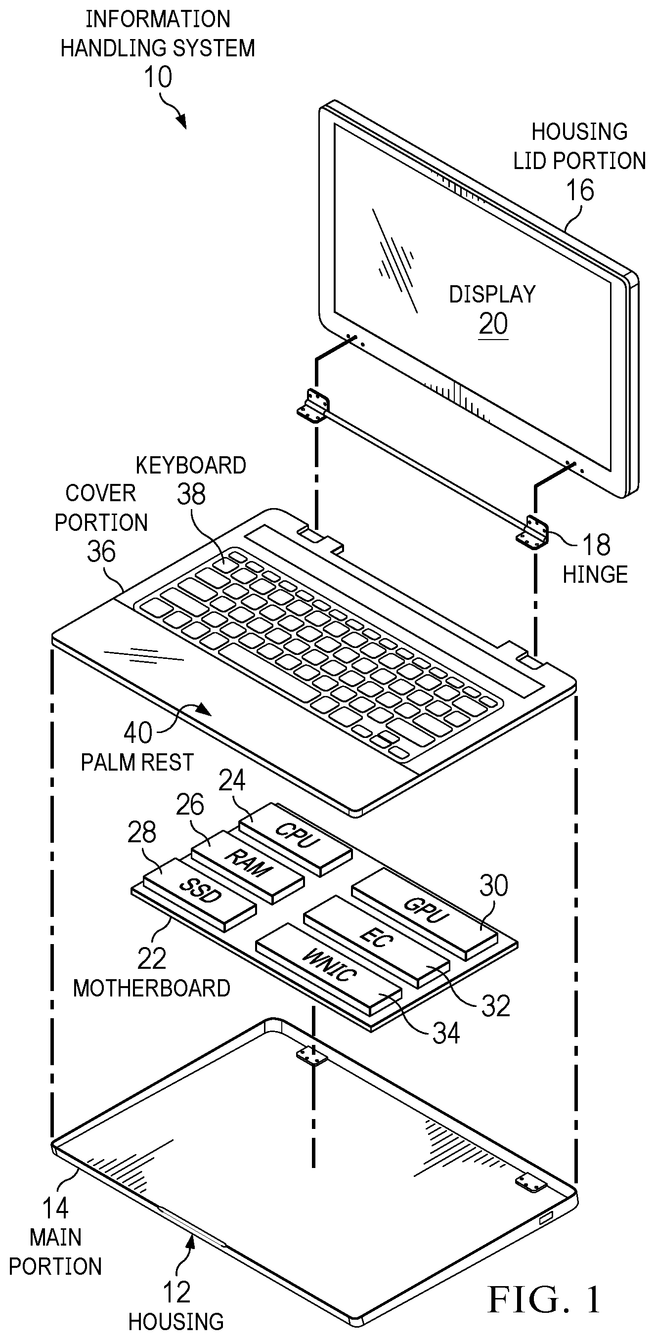 Patent US12602156 — Information handling system touch detection palm rest to support touch function row — Figure 1
