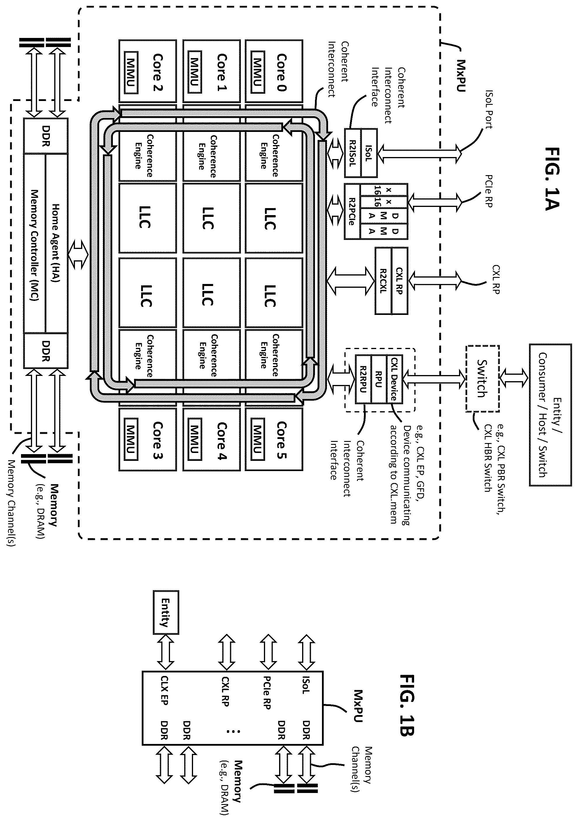 Patent US12602345 — Multi-protocol retimer enabling transparent and non-transparent bridging for memory fabrics including PCIe, CXL, or UALink — Figure 1
