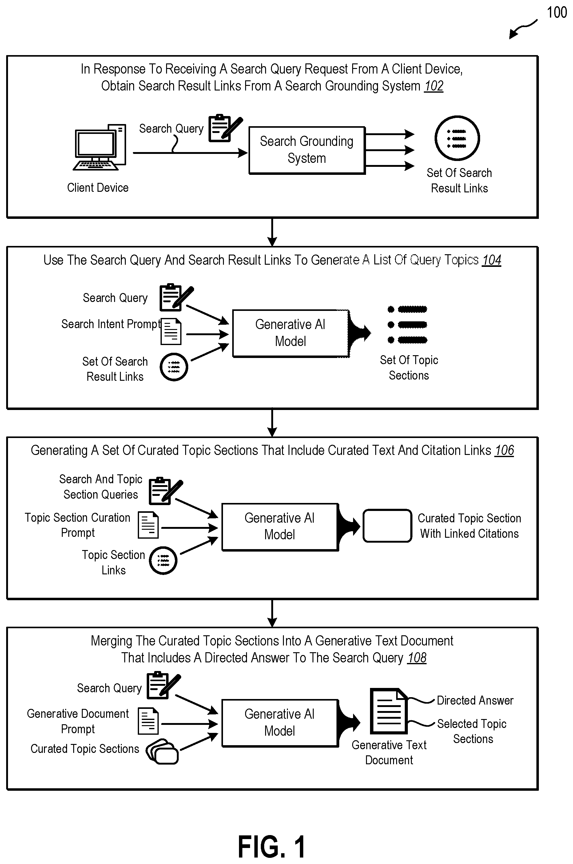 Patent US12602388 — Generative search engine text documents — Figure 1