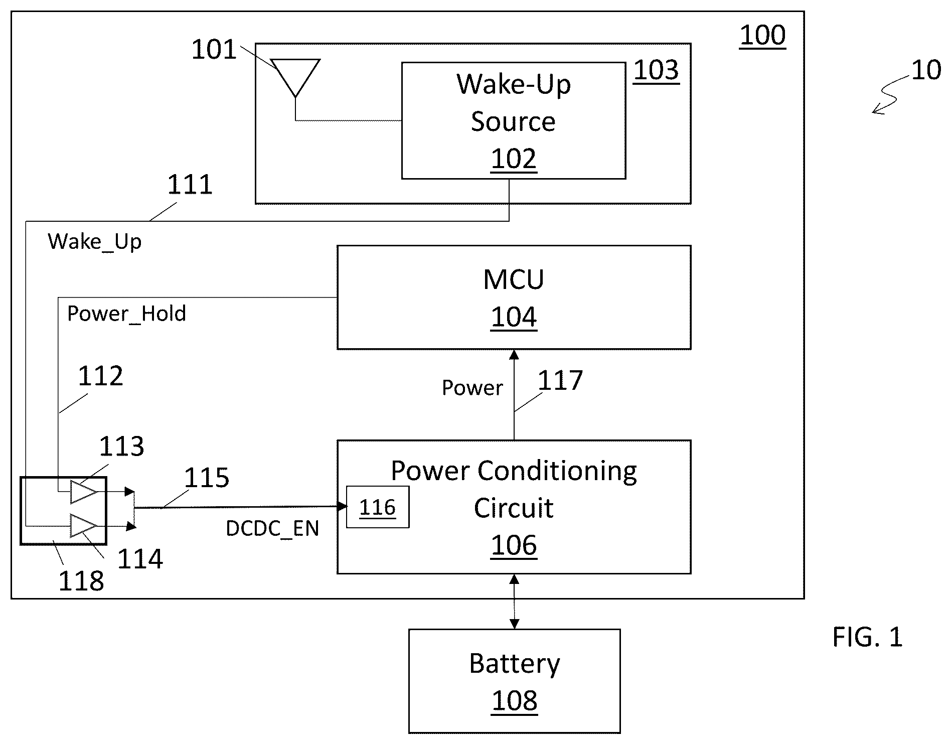 Patent US12602563 — Radio frequency (RF) power conditioning for wake-up circuit — Figure 1