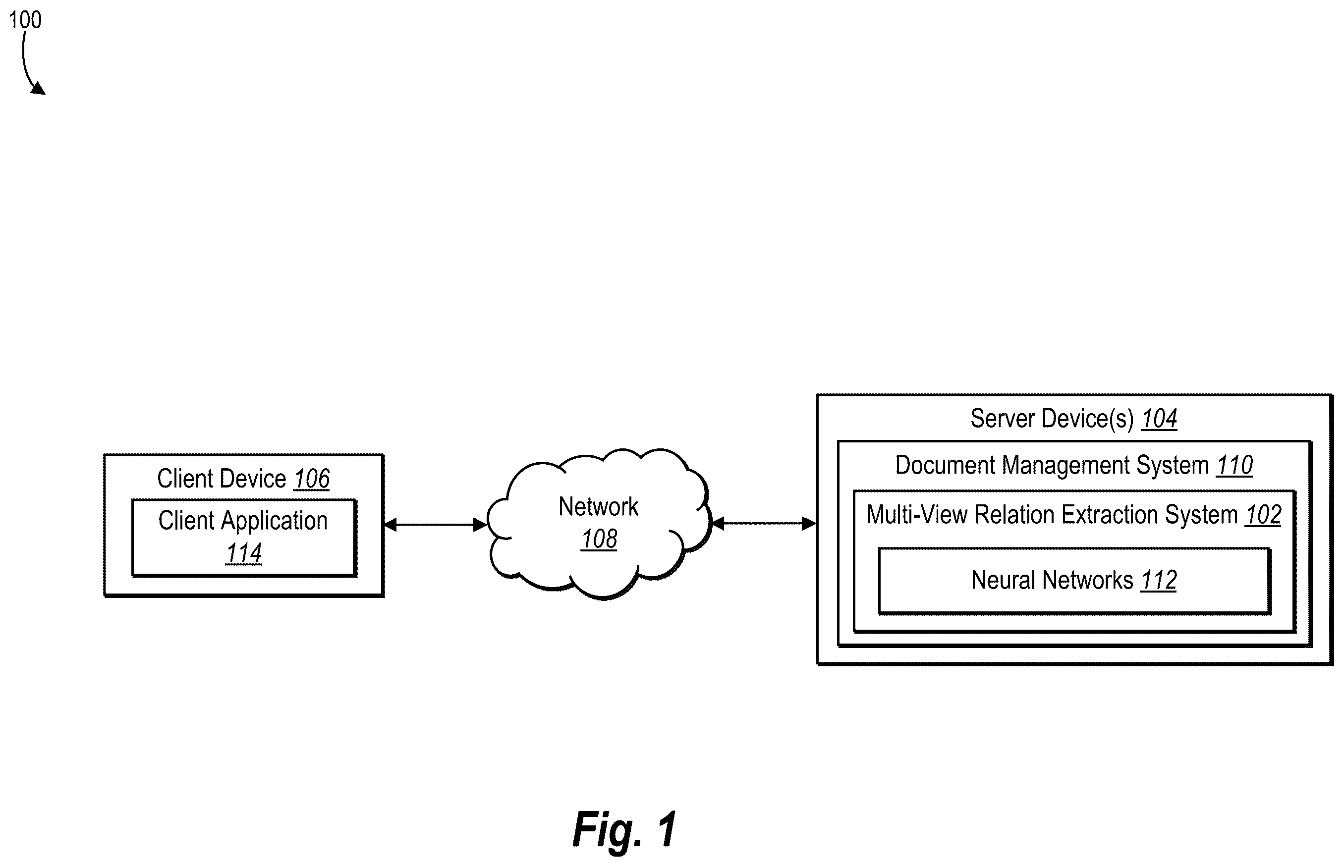 Patent US12602569 Figure 1 – Extracting entity relationships from digital documents utilizing multi-view neural networks