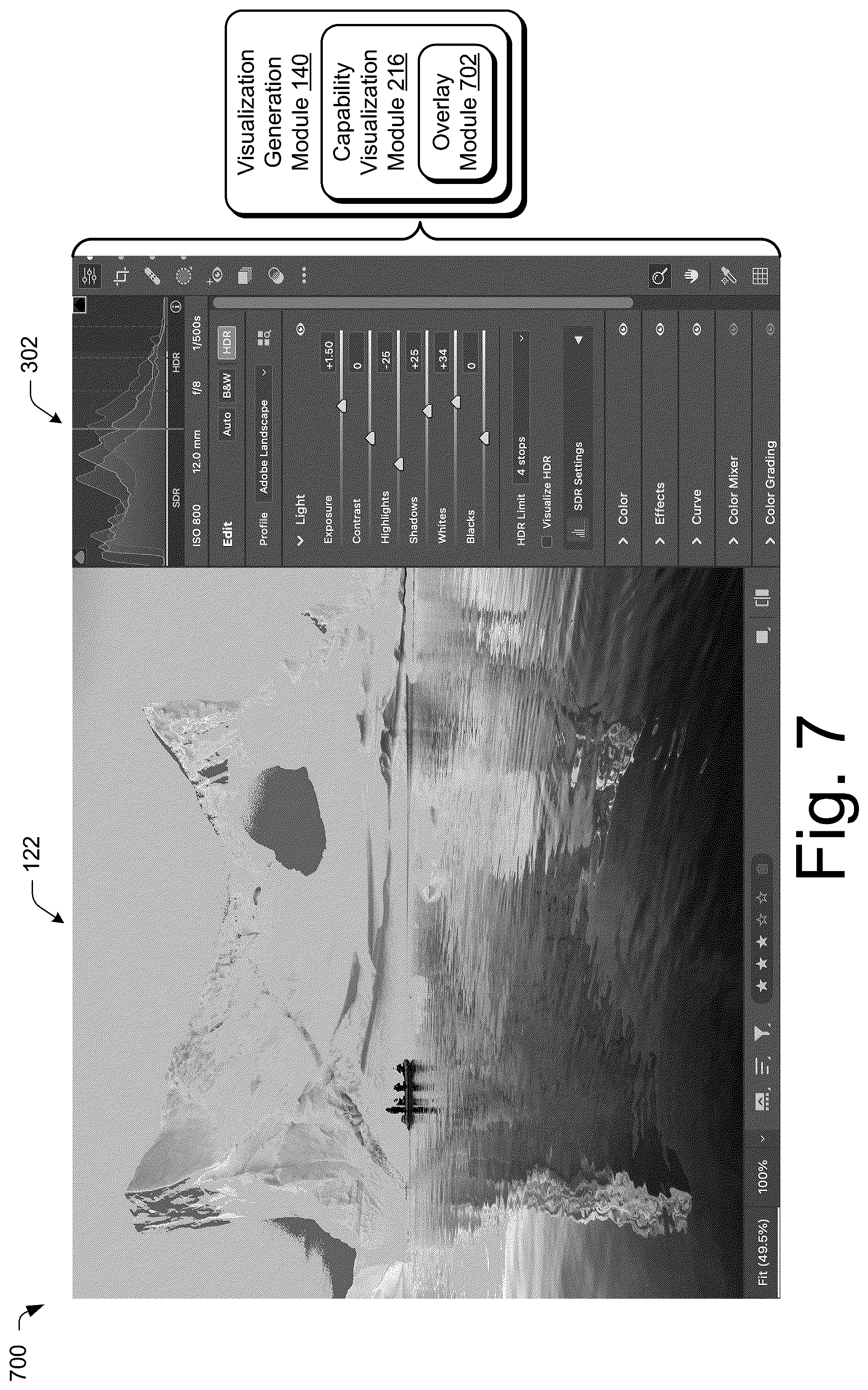 Patent US12602841 Figure 7 – High dynamic range visualizations indicating ranges, point curves, and previews