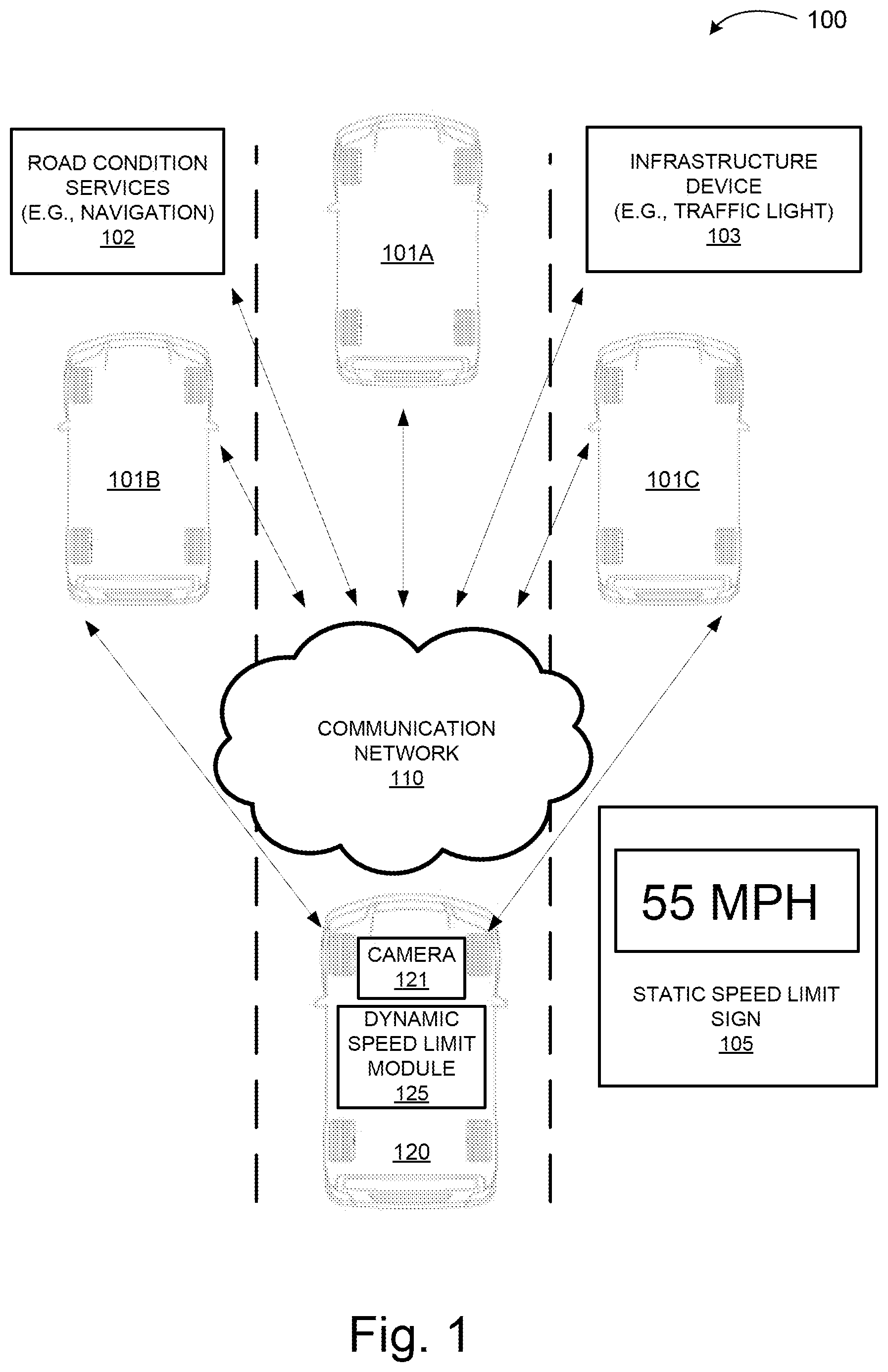 Patent US12602992 Figure 1 – Dynamic speed limit for vehicles and autonomous vehicles