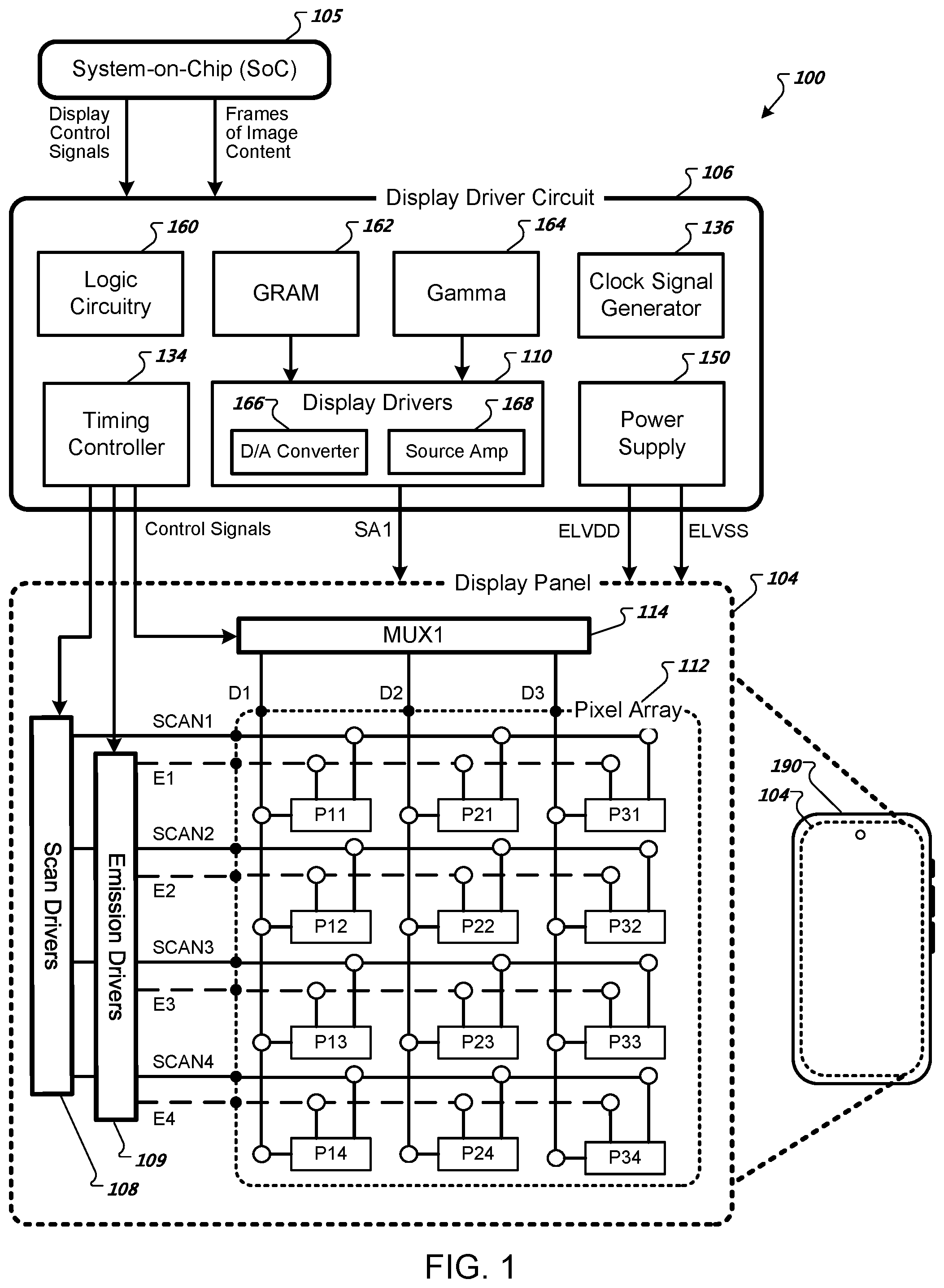 Patent US12603033 — Scanning image data to an array of pixels at an intermediate scan rate during a transition between different refresh rates — Figure 1