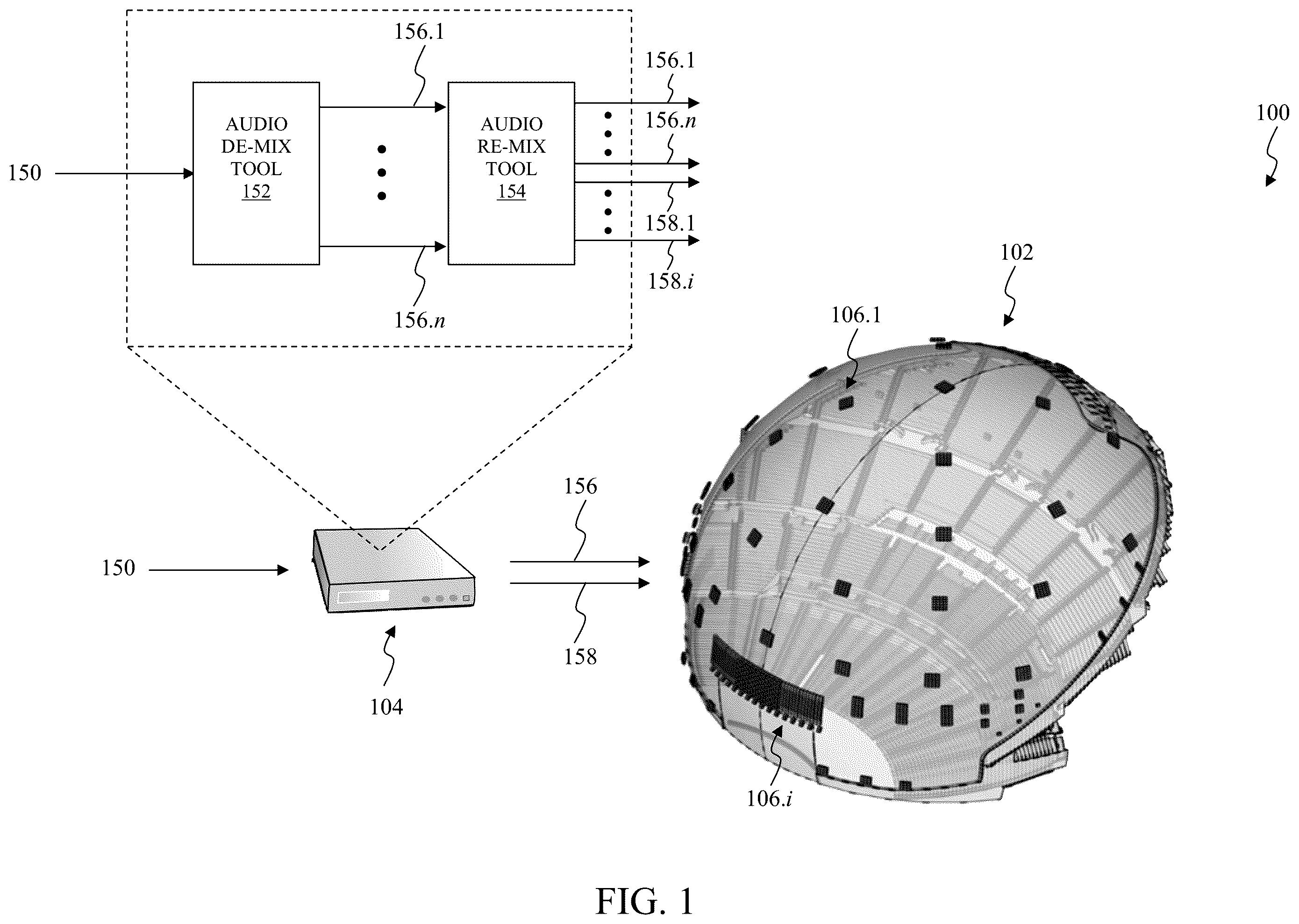 Patent US12610204 — De-mixing a composite audio program for playback within a venue — Figure 1