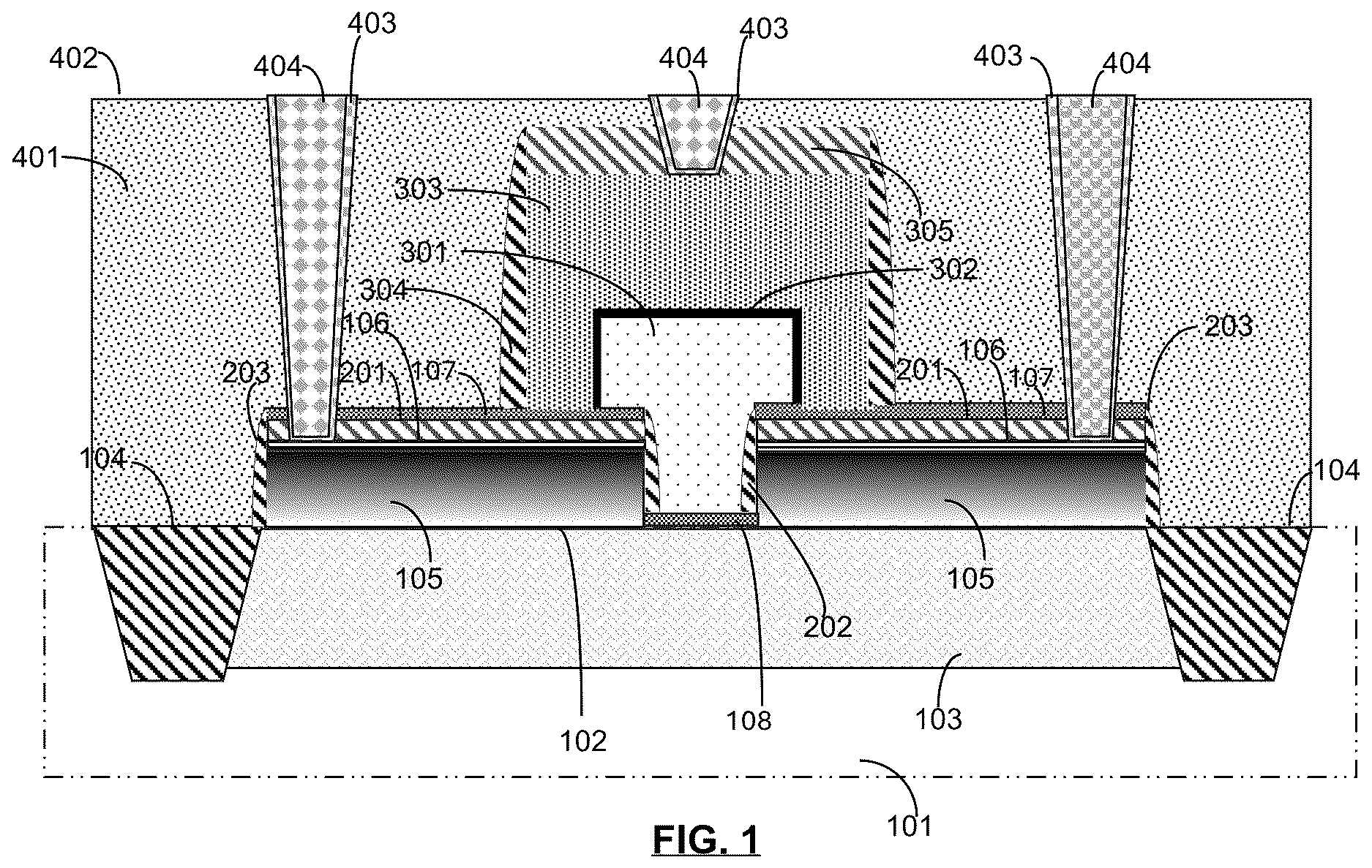 Patent US12610589 Figure 1 – FCNVM-ALEFD (fully covered non-volatile memory (NVM) over advanced low electrostatic field transistor (ALEFD)