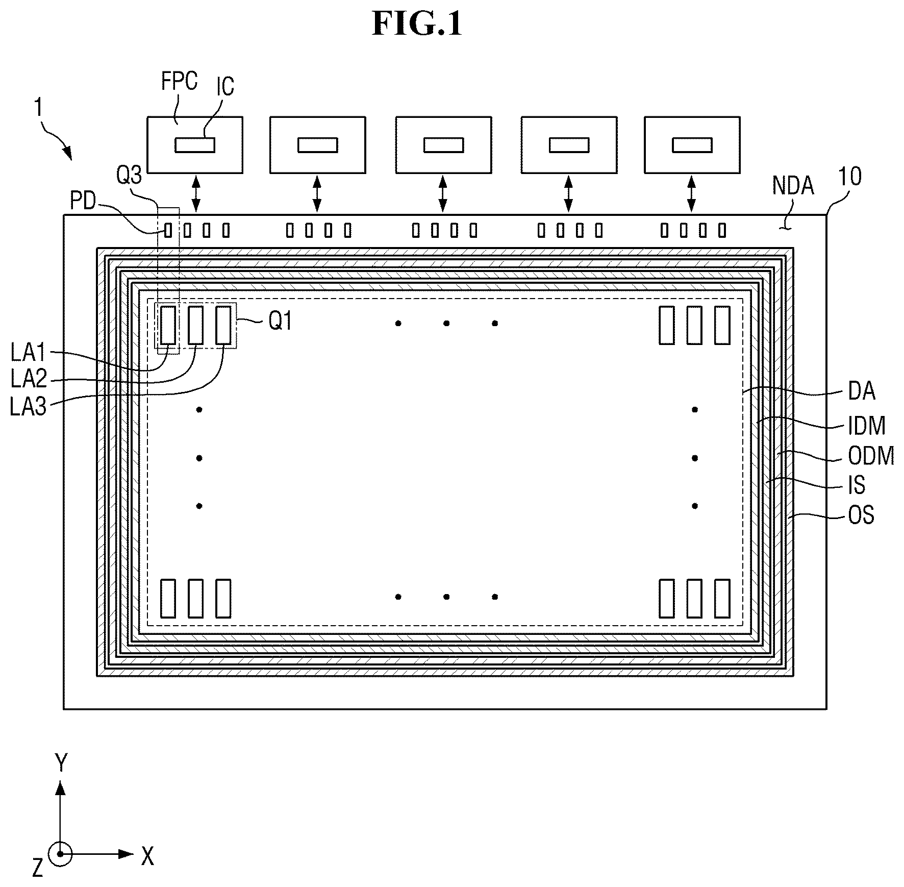 Patent US12610719 Figure 1 – Display device having encapsulation layer overlaying color filter and multiple dams