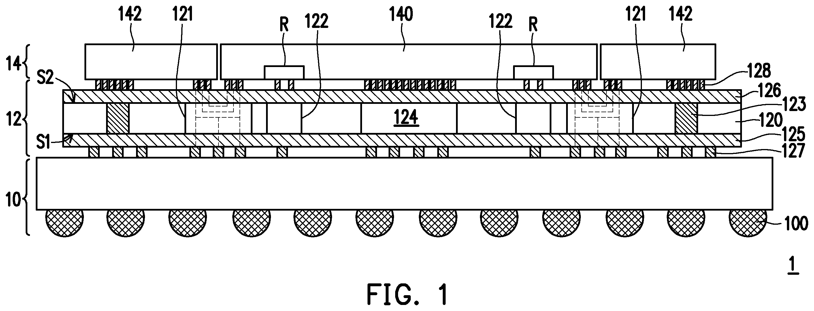 Patent US12610835 — Interposer substrate, package structure and manufacturing method of package structure — Figure 1