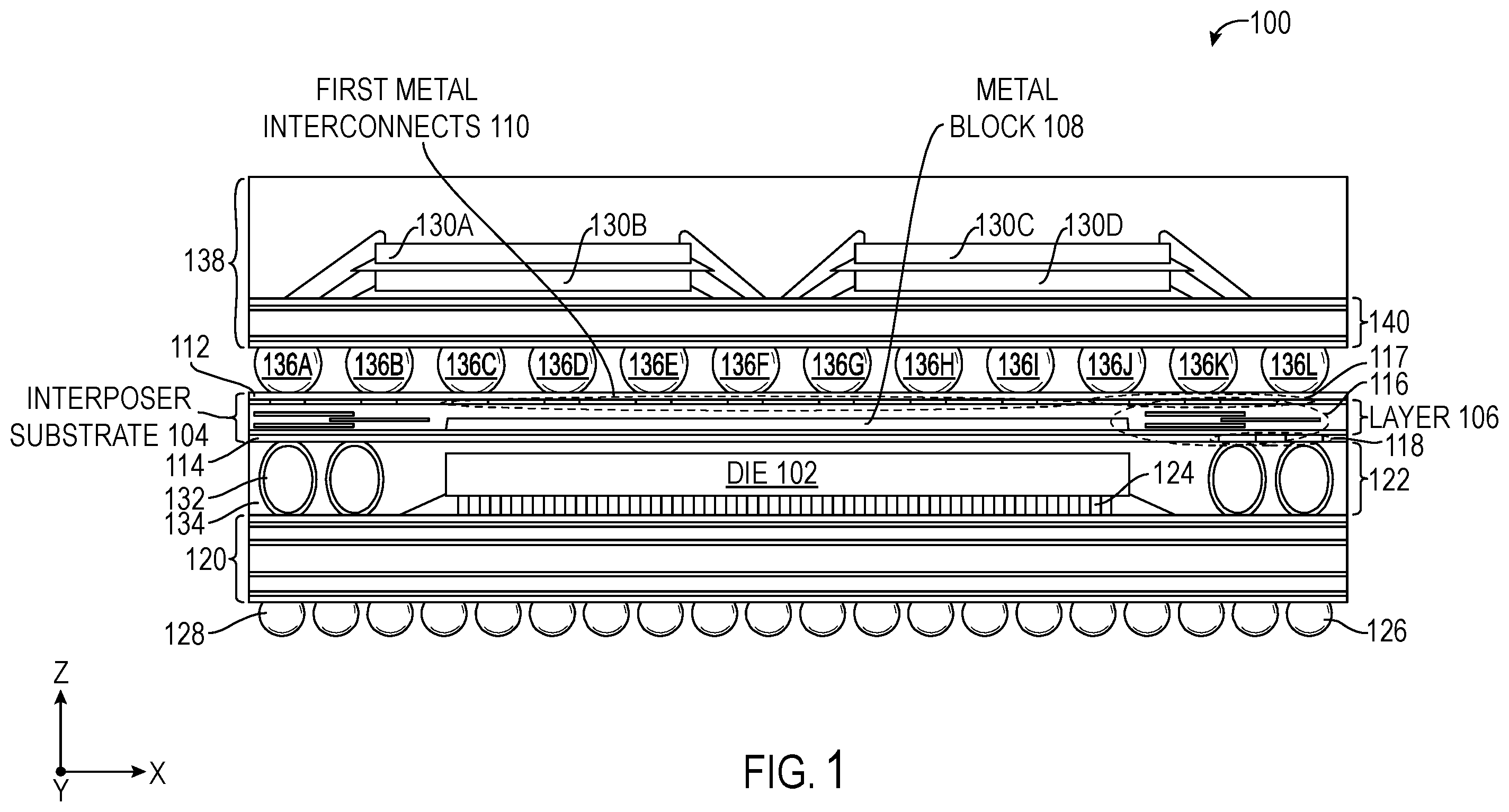 Patent US12610869 — Integrated circuit (IC) package employing a metal block with metal interconnects thermally coupling a die to an interposer substrate for dissipating thermal energy of the die, and related fabrication methods — Figure 1