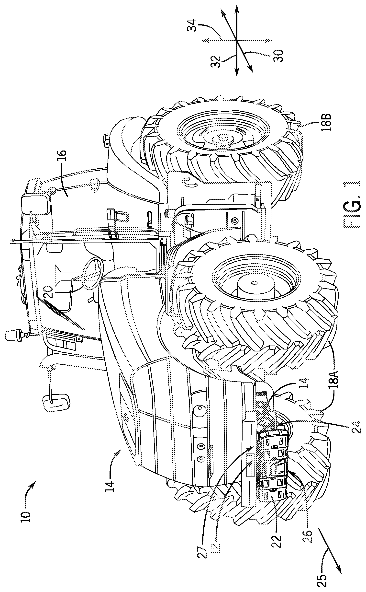 Patent US12610876 Figure 1 – Front attachment system using a common interface for different attachments