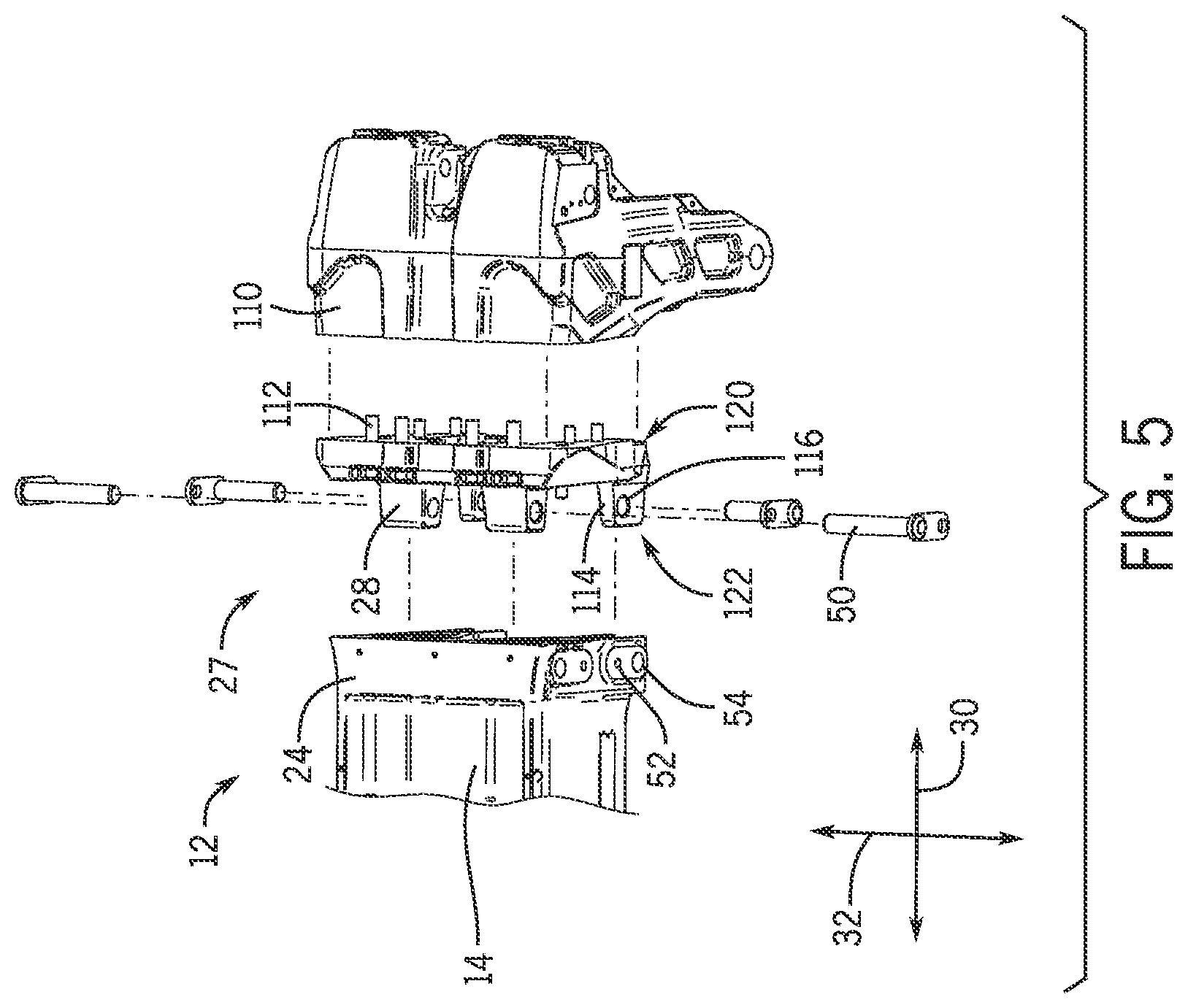Patent US12610876 Figure 5 – Front attachment system using a common interface for different attachments