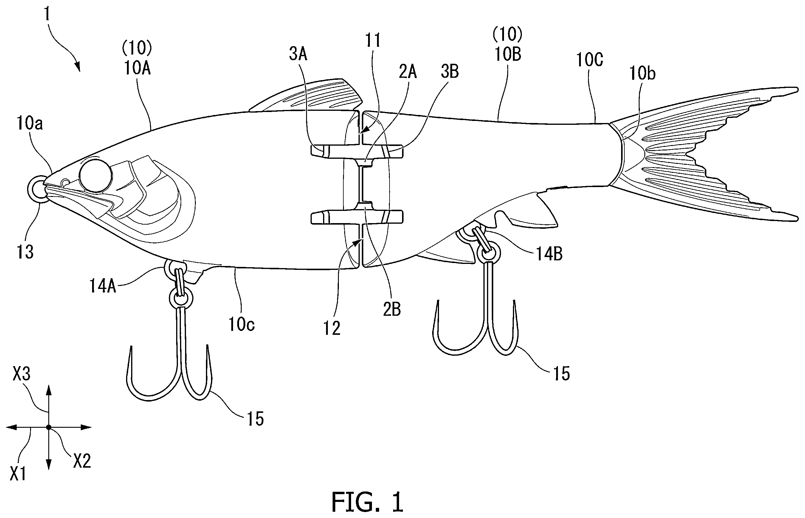 Patent US12610927 Figure 1 – Lure with lateral and front-rear guiding movement