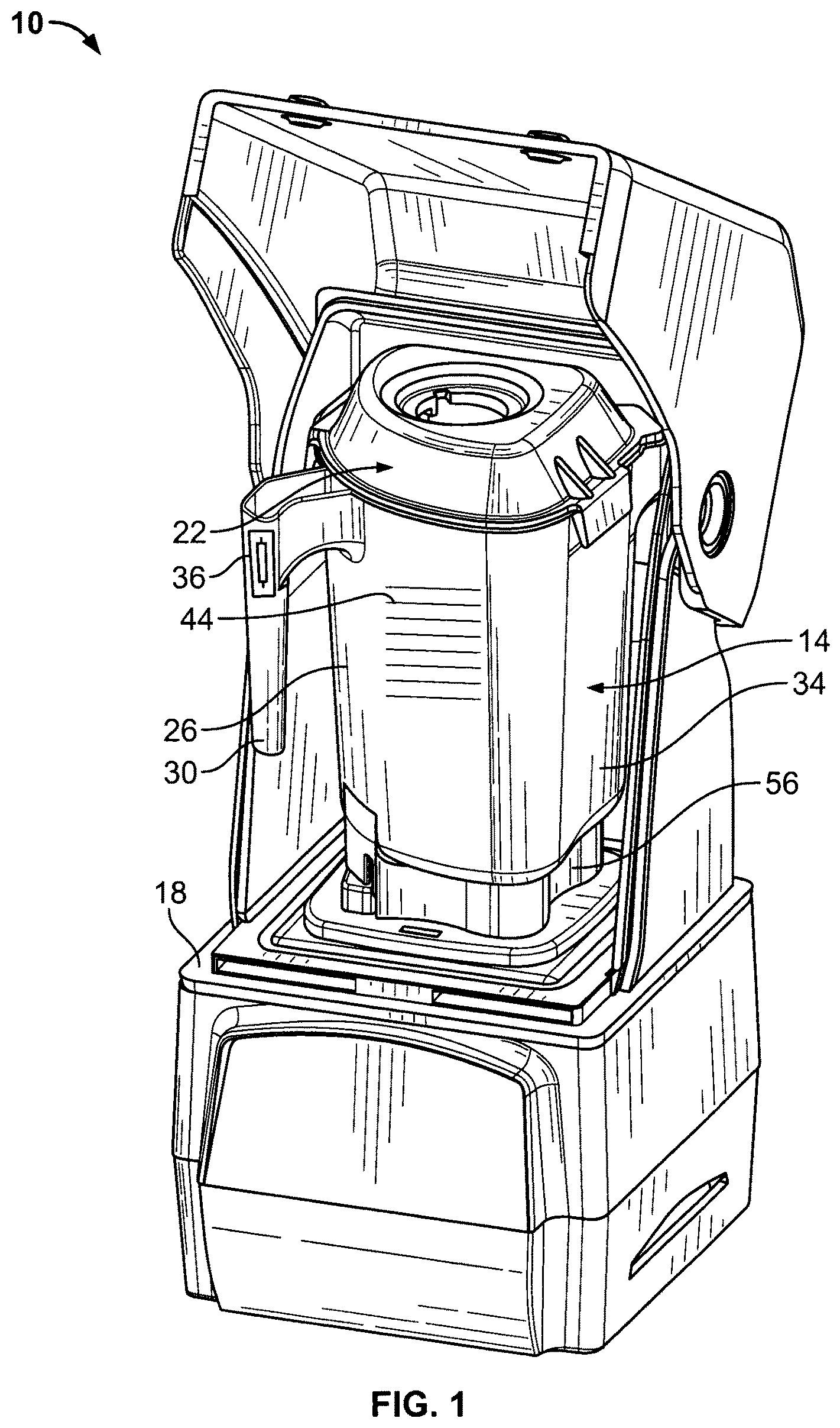 Patent US12611065 Figure 1 – Powered blending container