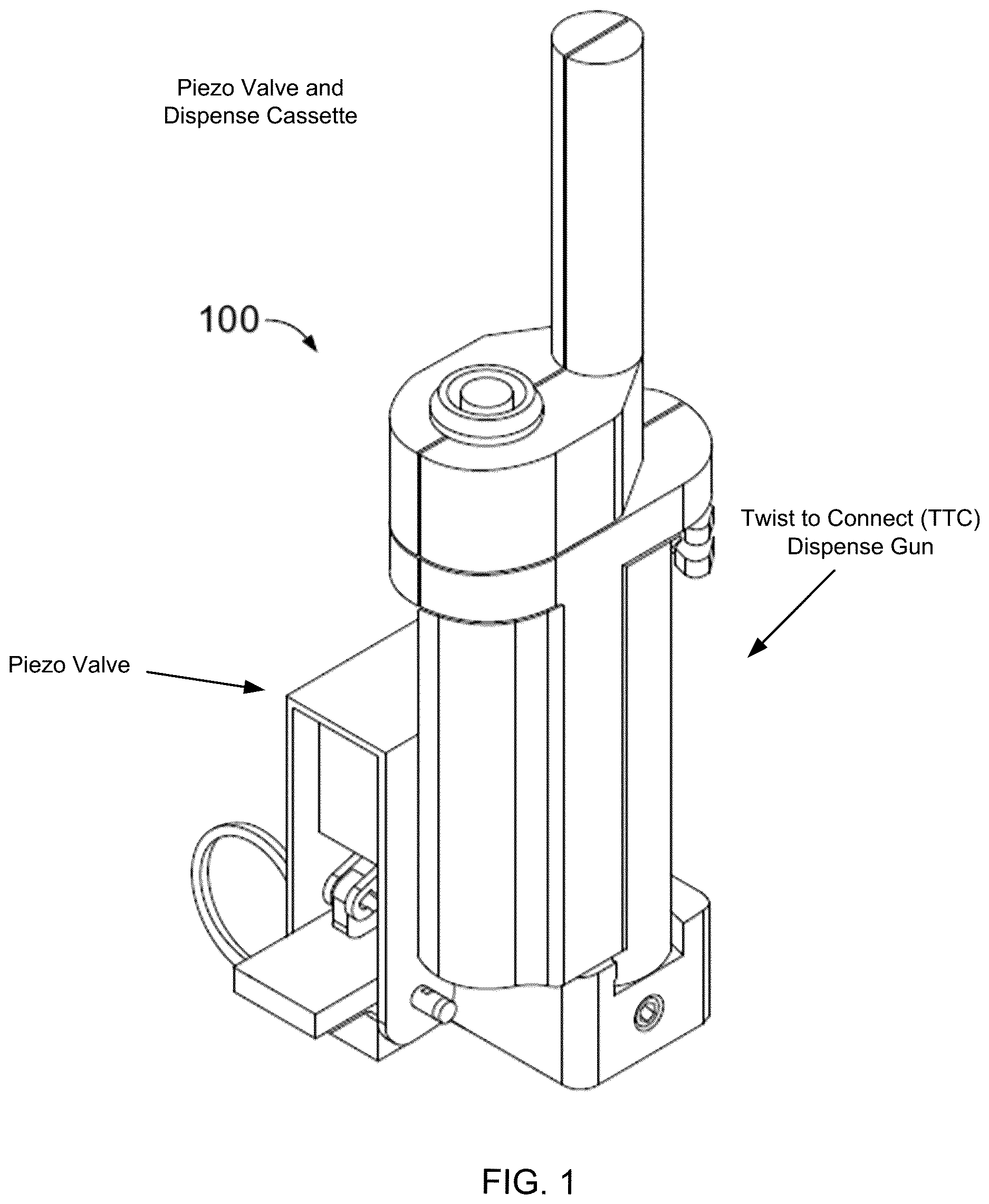Patent US12611695 Figure 1 – Piezo-actuated valve and dispense cassette