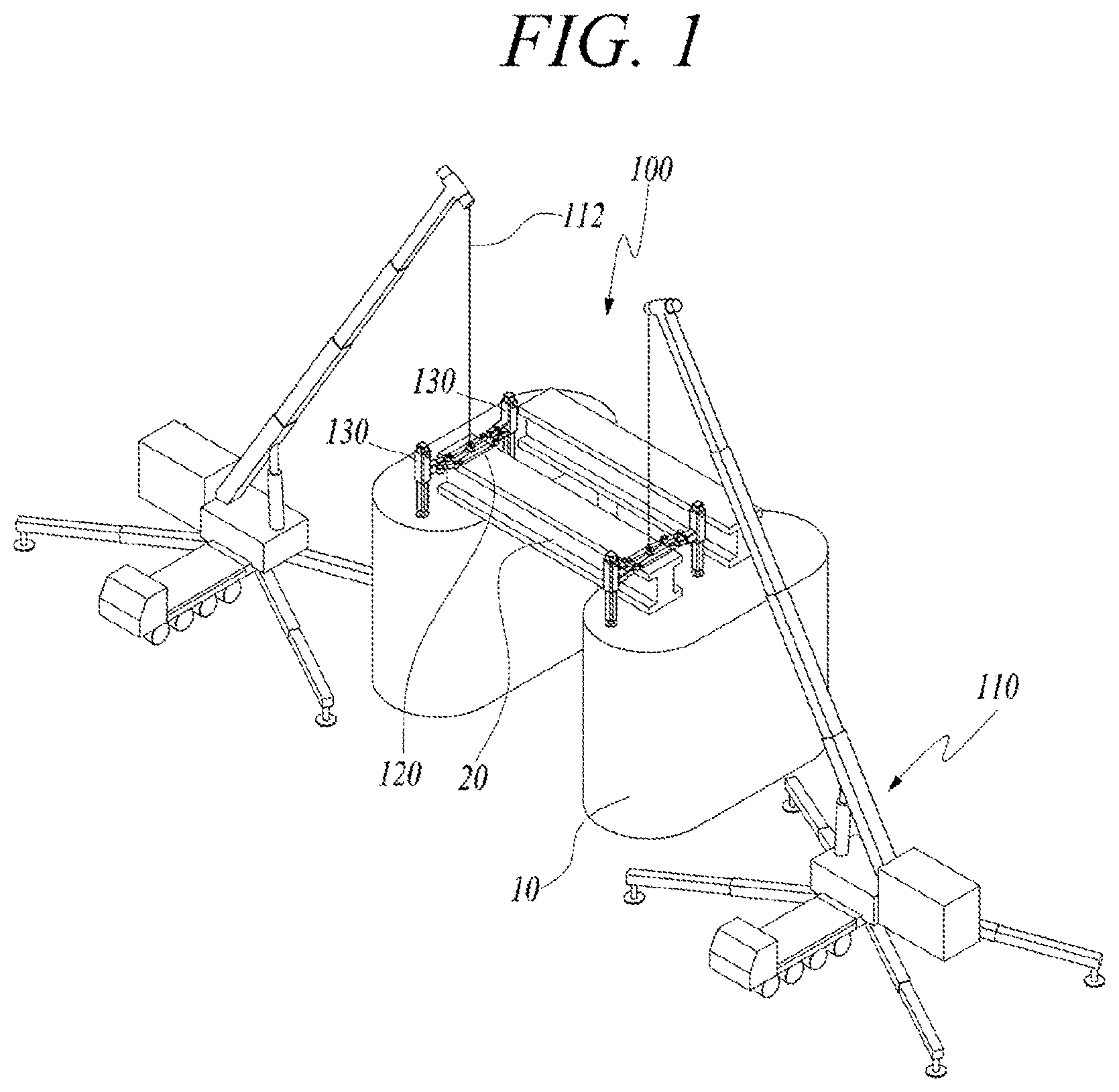 Patent US12611776 Figure 1 – Multiple hydraulic robot system for precisely mounting girder