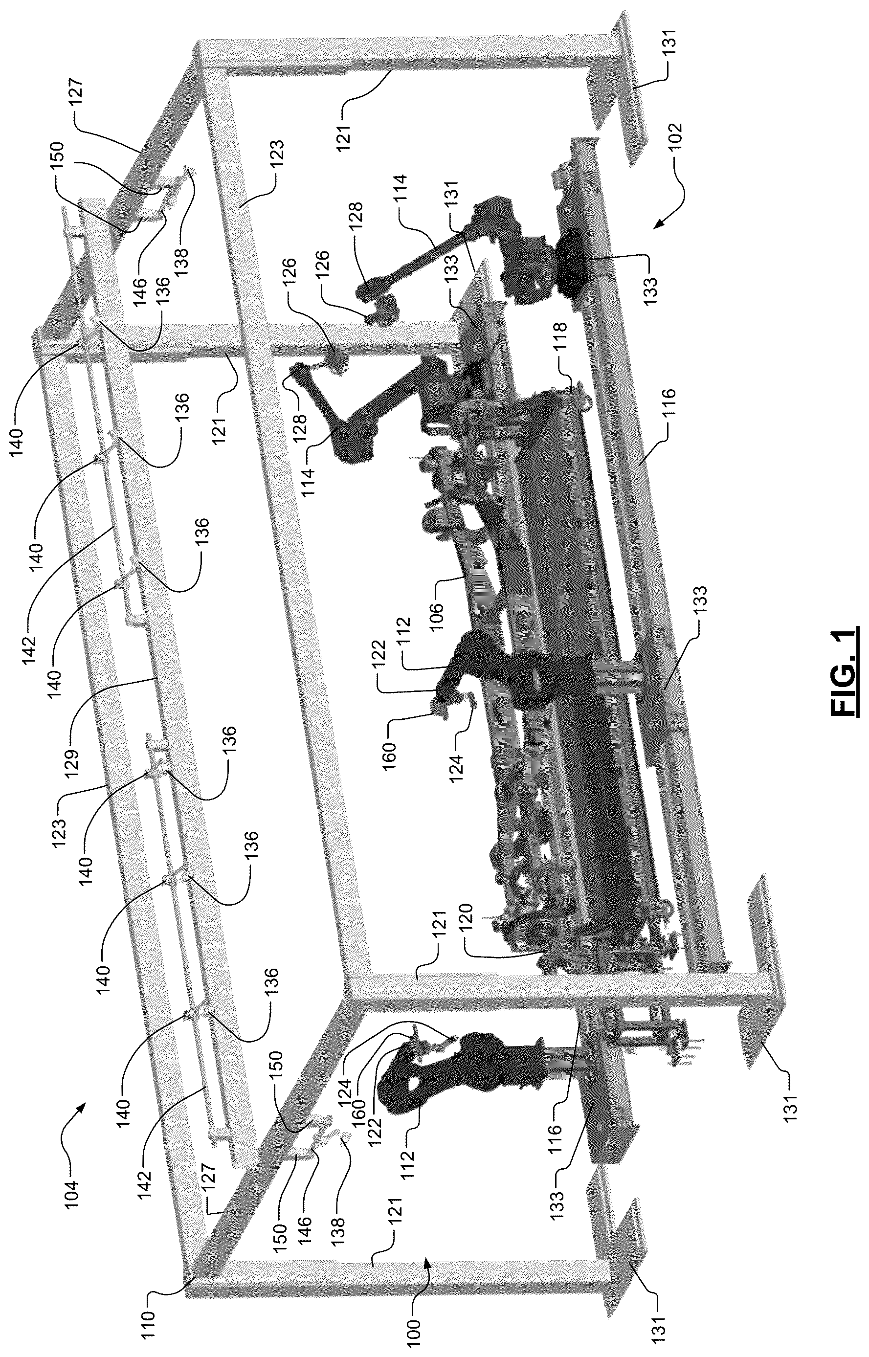 Patent US12611781 Figure 1 – Manufacturing overhead photogrammetry guidance system for robotic based formation and inspection of workpiece features