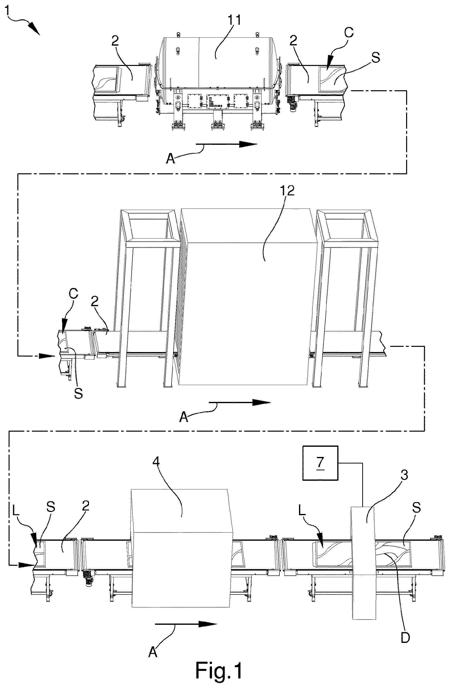 Patent US12611797 Figure 1 – Process and system for the manufacturing of slabs made of resin-bonded mineral grits