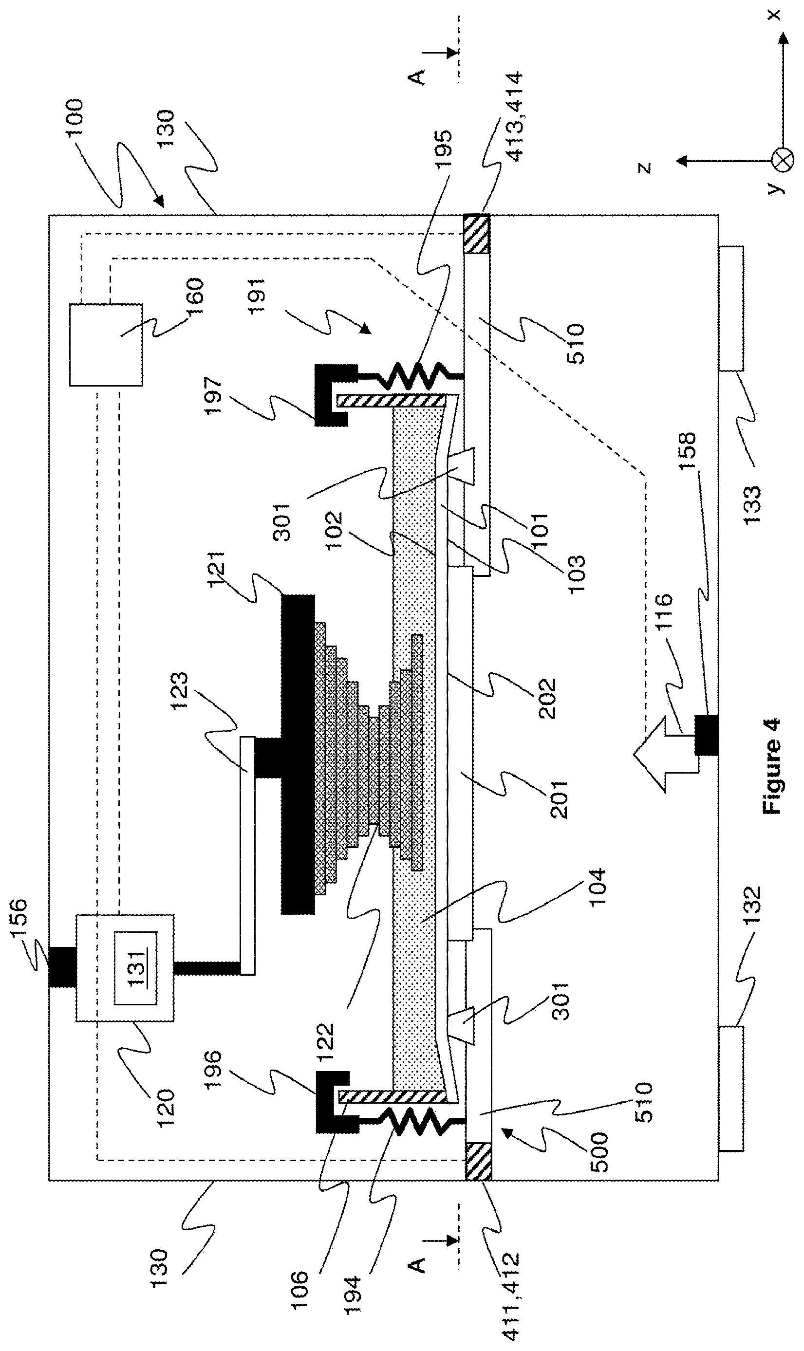 Patent US12611816 Figure 4 – Apparatus for making a stereolithographic object, methods for making a stereolithographic object, a method for locating the position of debris, and a method for monitoring consumption of a material for making a stereolithographic object