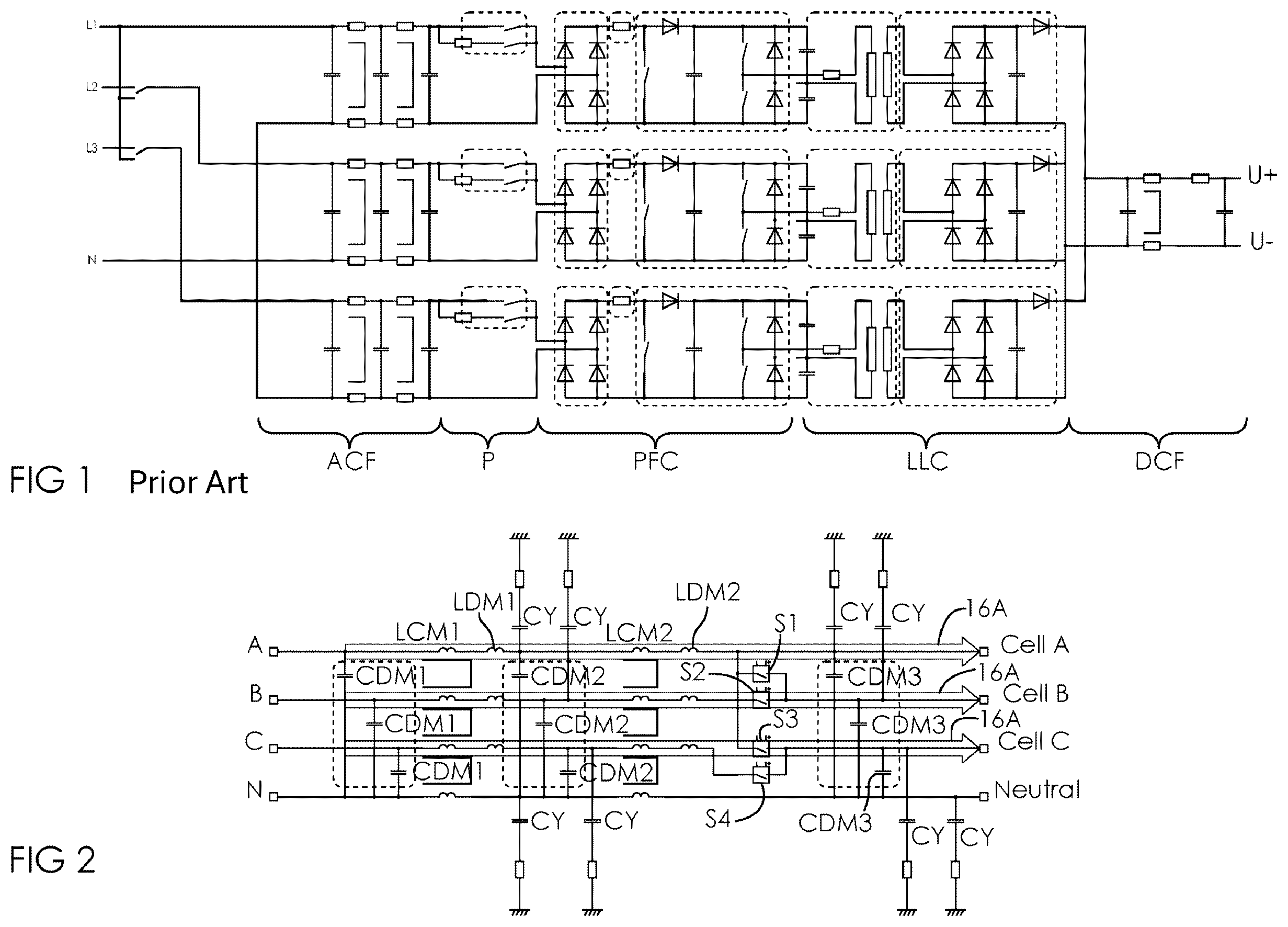 Patent US12611946 Figure 1 – Single-phase and three-phase hybrid filter system for an electric charger