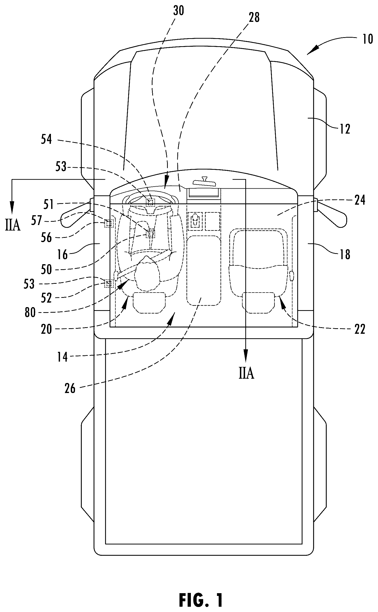 Patent US12611968 Figure 1 – Vehicle having ergonomically adjustable seat assembly
