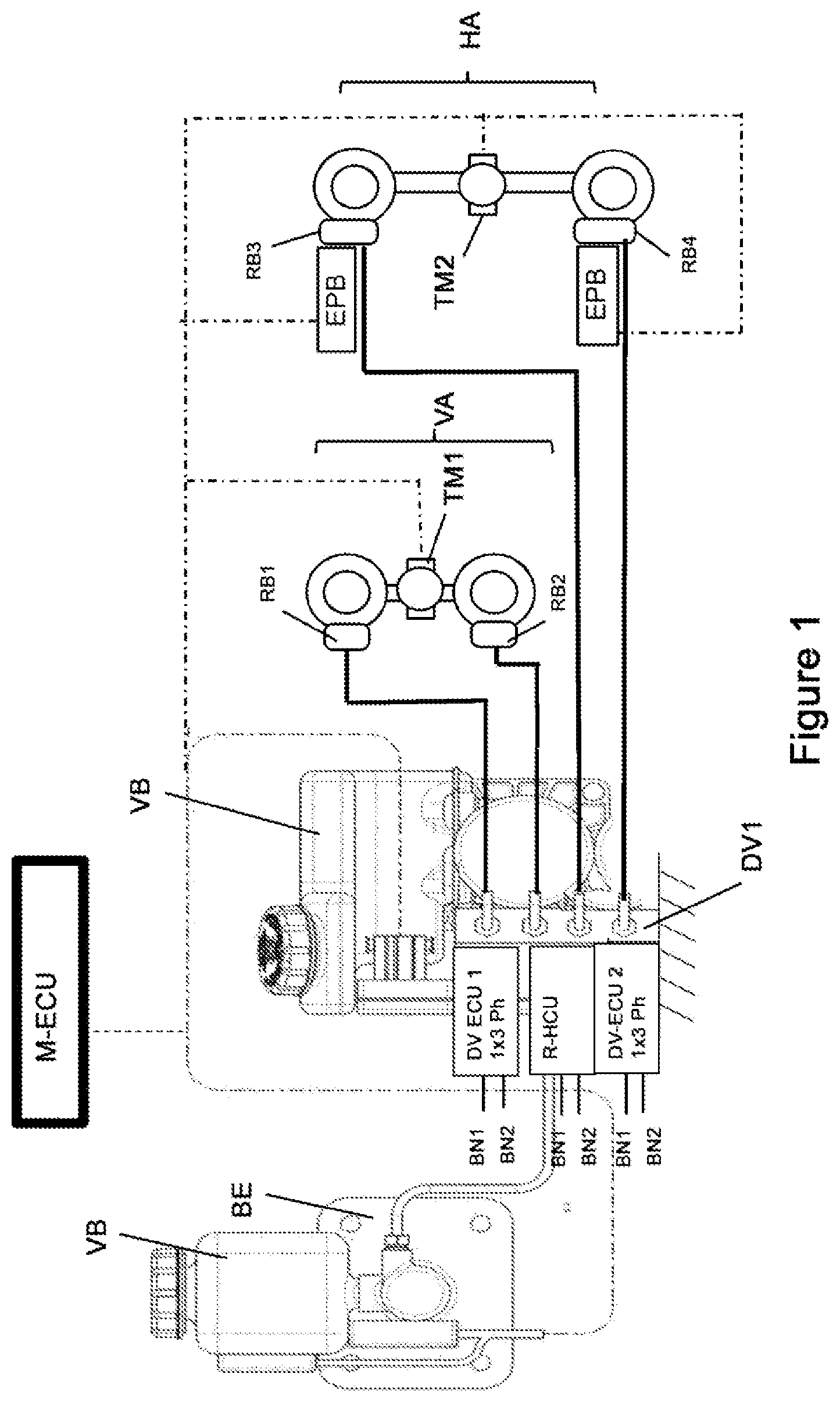 Patent US12612021 Figure 1 – Redundant braking system having pressure supply for electric vehicles and vehicles having autonomous driving of level 3 (HAD) to level 4 (FAD)