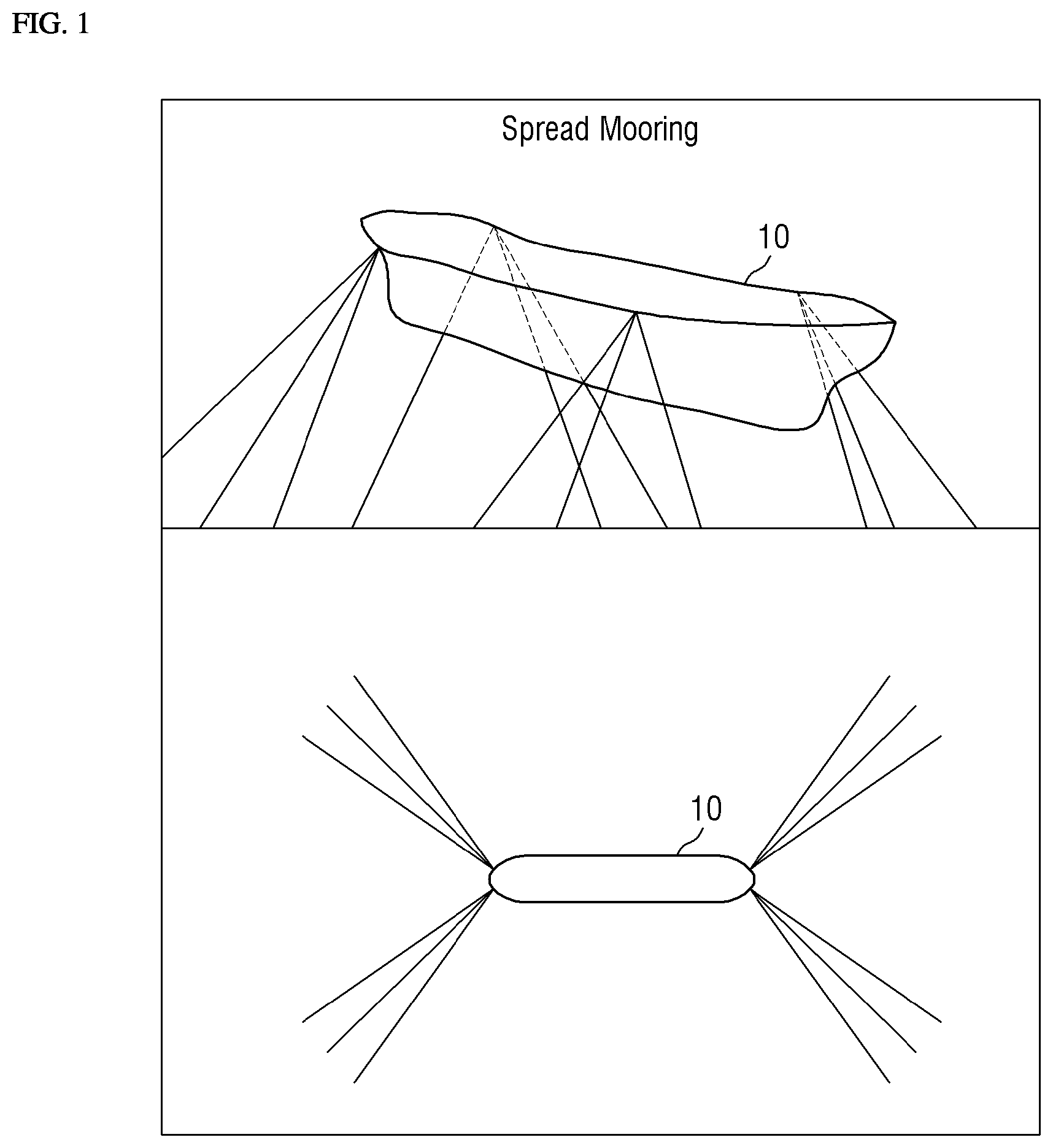 Patent US12612135 Figure 1 – Floating offshore structure having one-side spread mooring system applied thereto