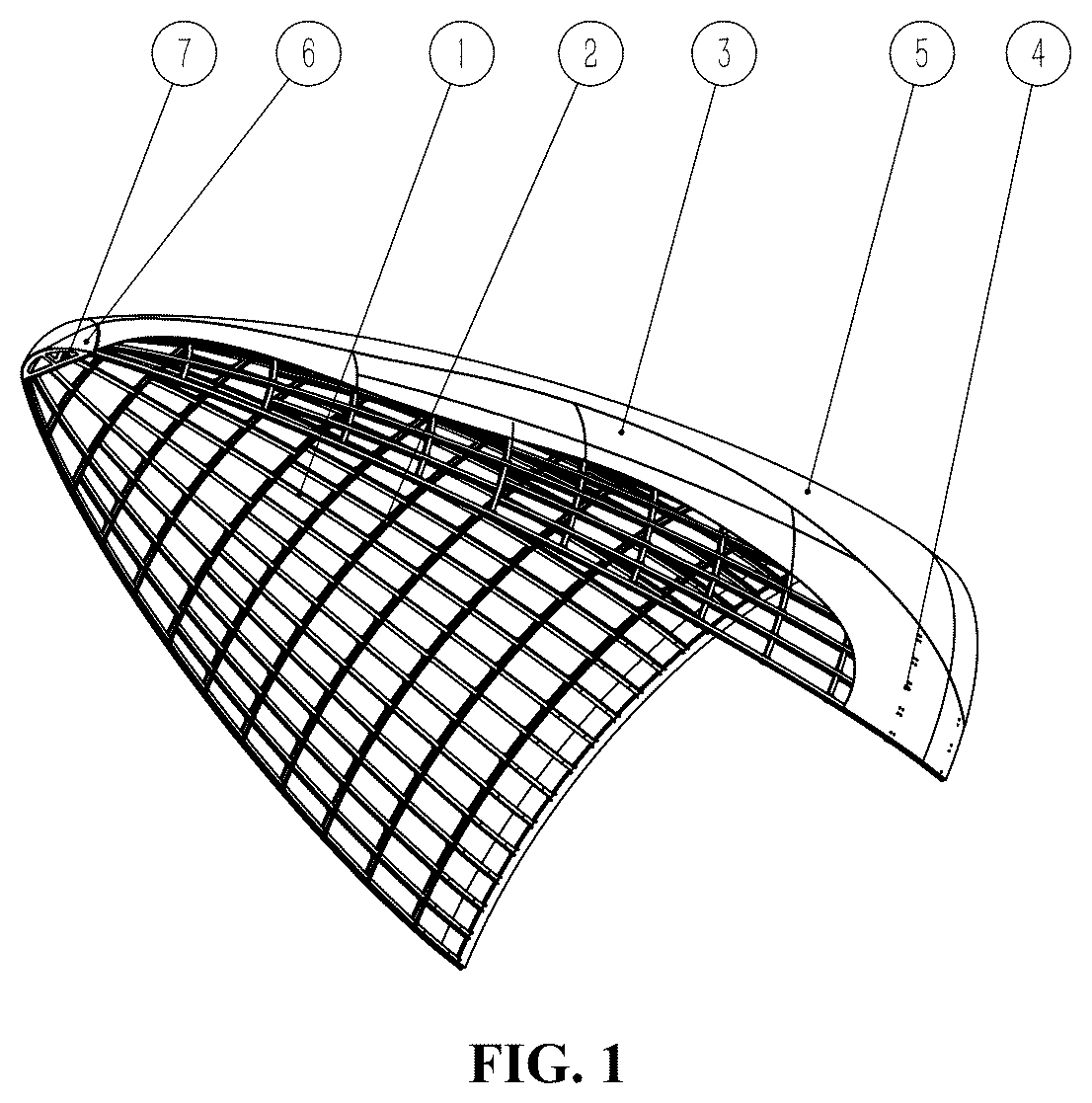 Patent US12612188 Figure 1 – Cone segment structure of fairing with two-half hood structures having metal bars made in a Von Karman curve shape
