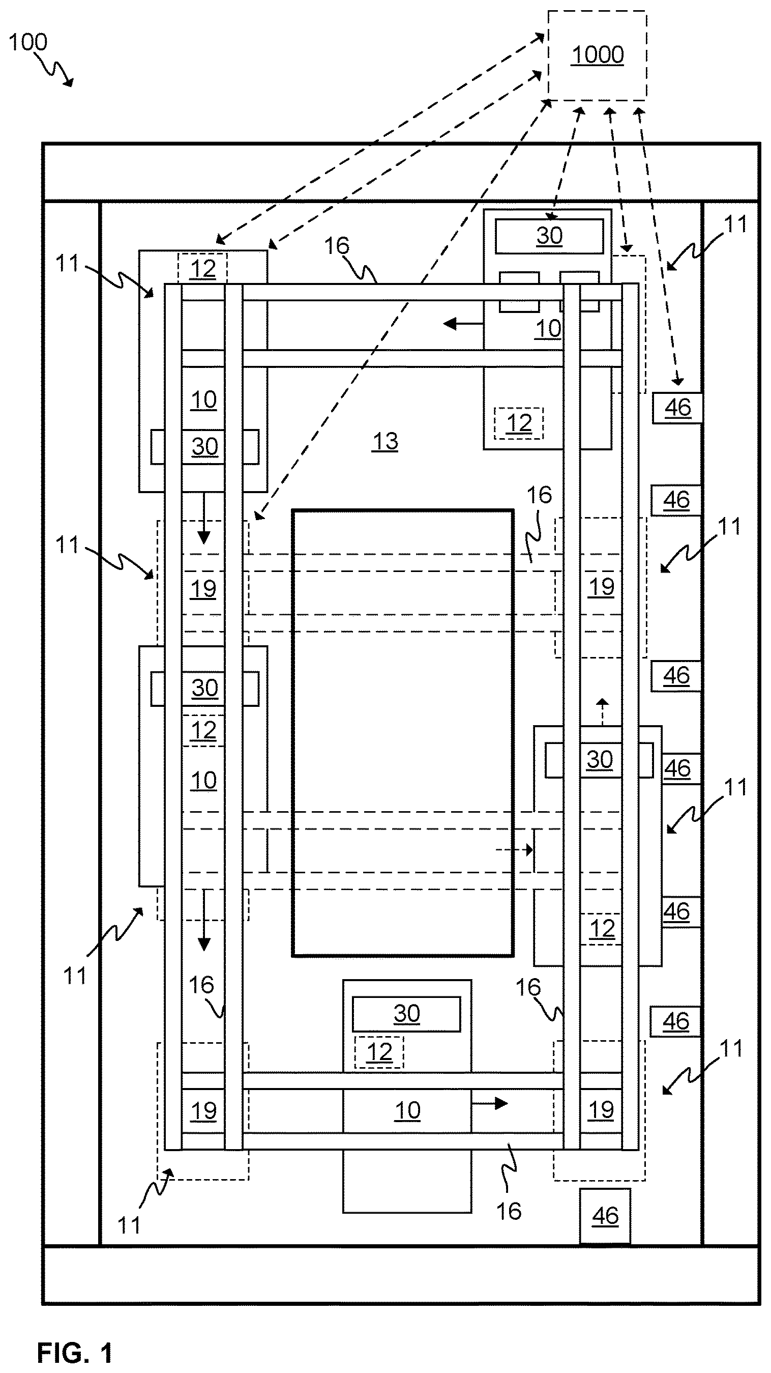 Patent US12612285 Figure 1 – Elevator safety system, elevator system, and method for elevator car collision protection