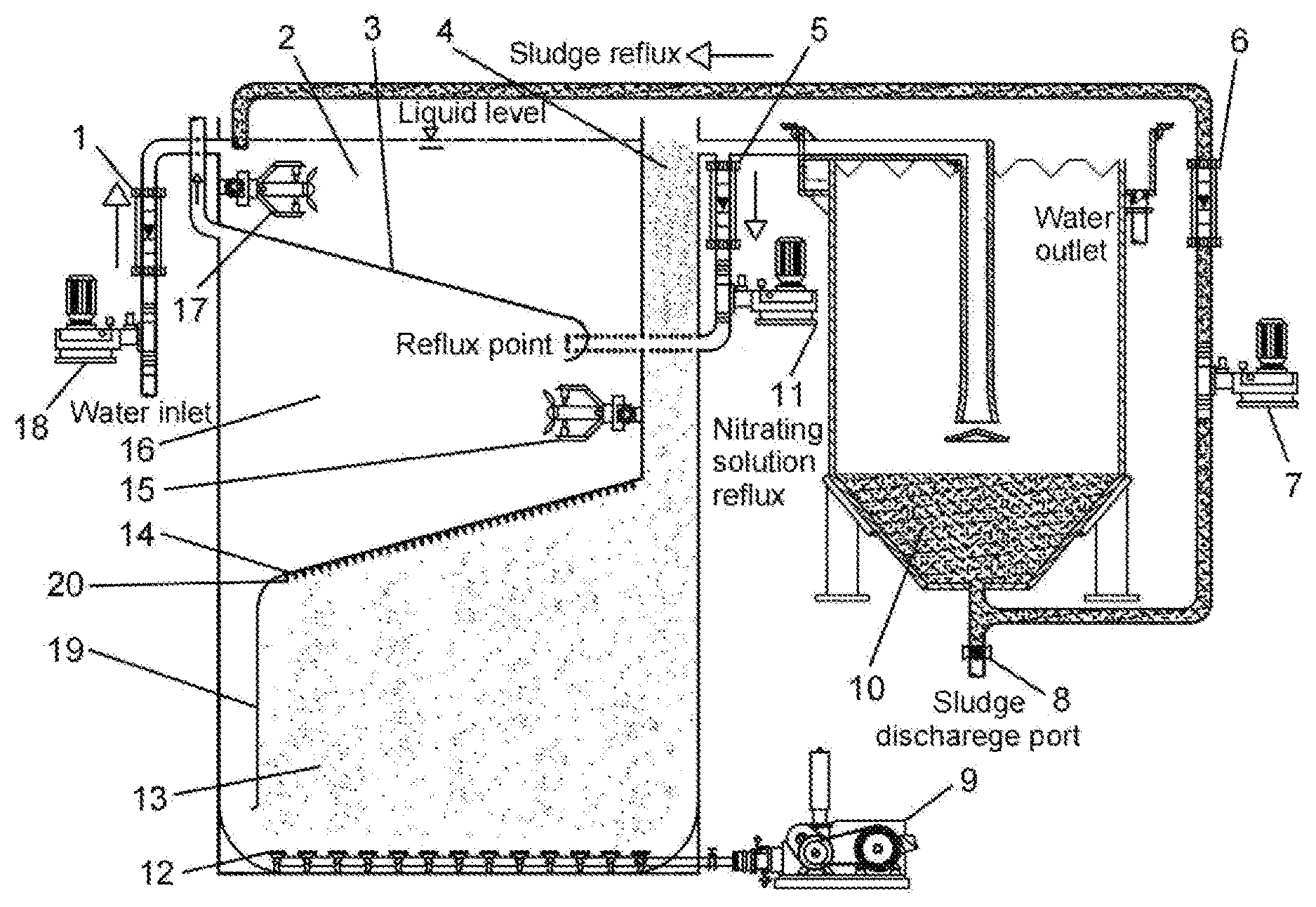 Patent US12612322 Figure 1 – Inclined plate baffled A2O reactor with high oxygen transfer efficiency