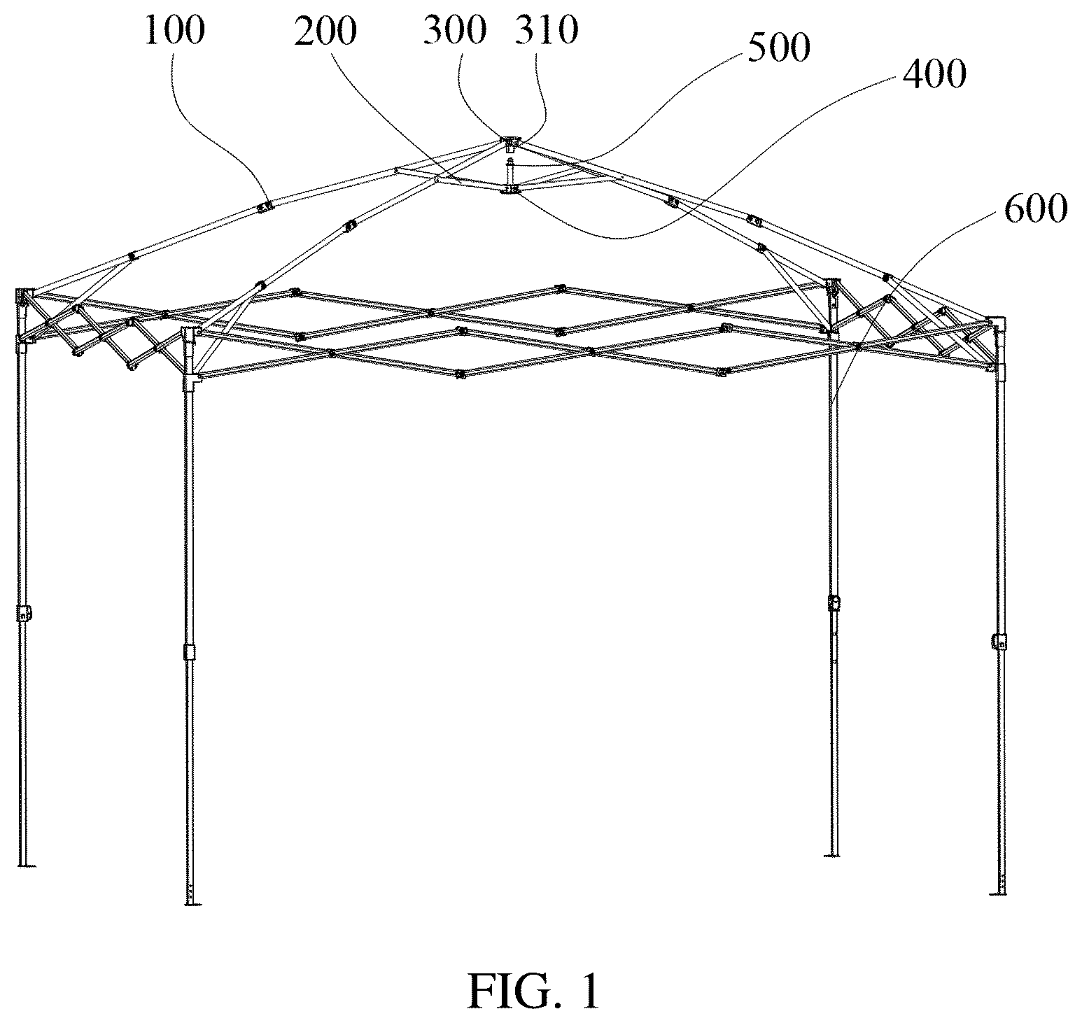 Patent US12612799 — Central locking mechanism for folding tent, novel central locking mechanism and folding tent — Figure 1