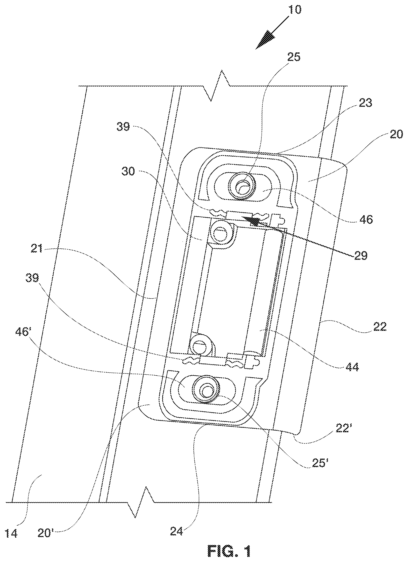 Patent US12612801 Figure 1 – Strike plate for door assembly members