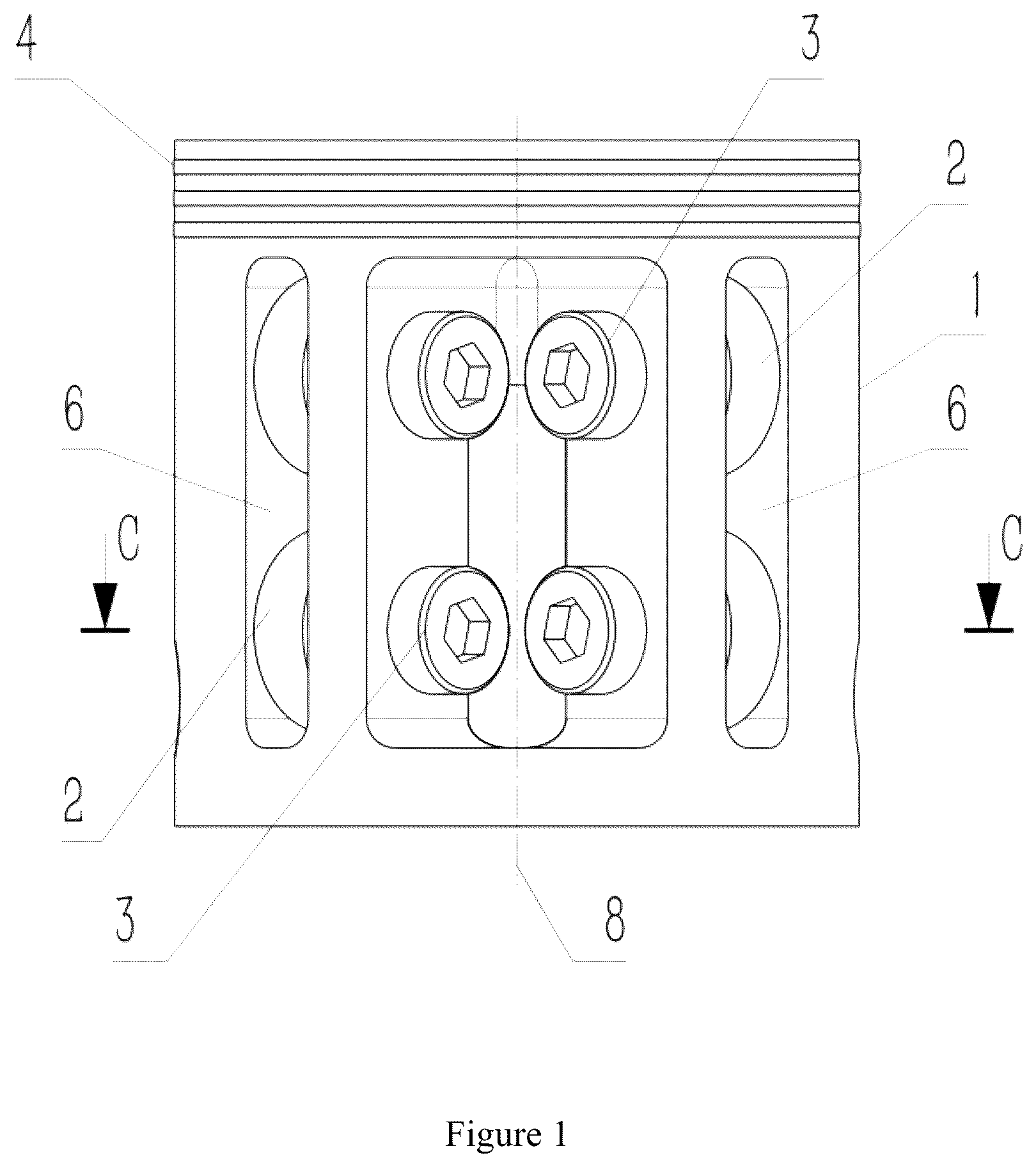 Patent US12612882 Figure 1 – Piston for a fuel engine with installed bearings