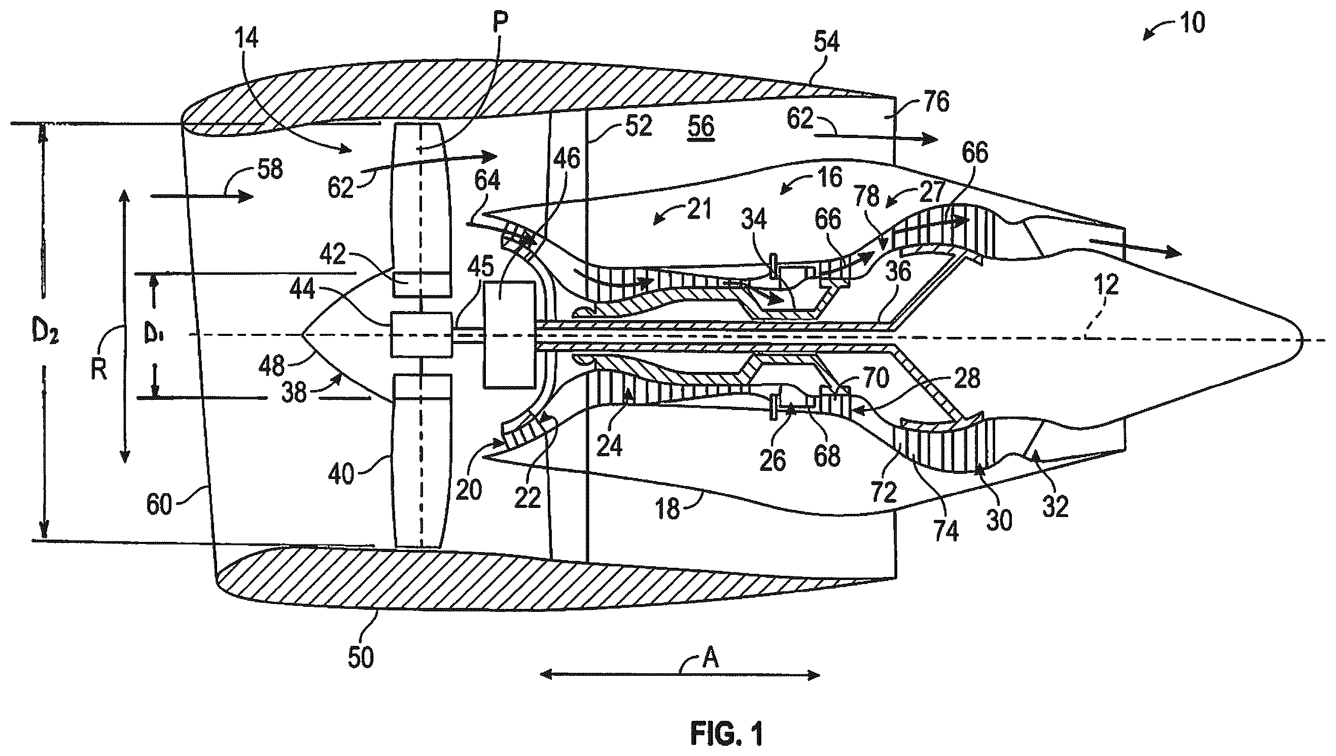Patent US12612921 — Fan bearing support system for gas turbine engine with power gearbox — Figure 1