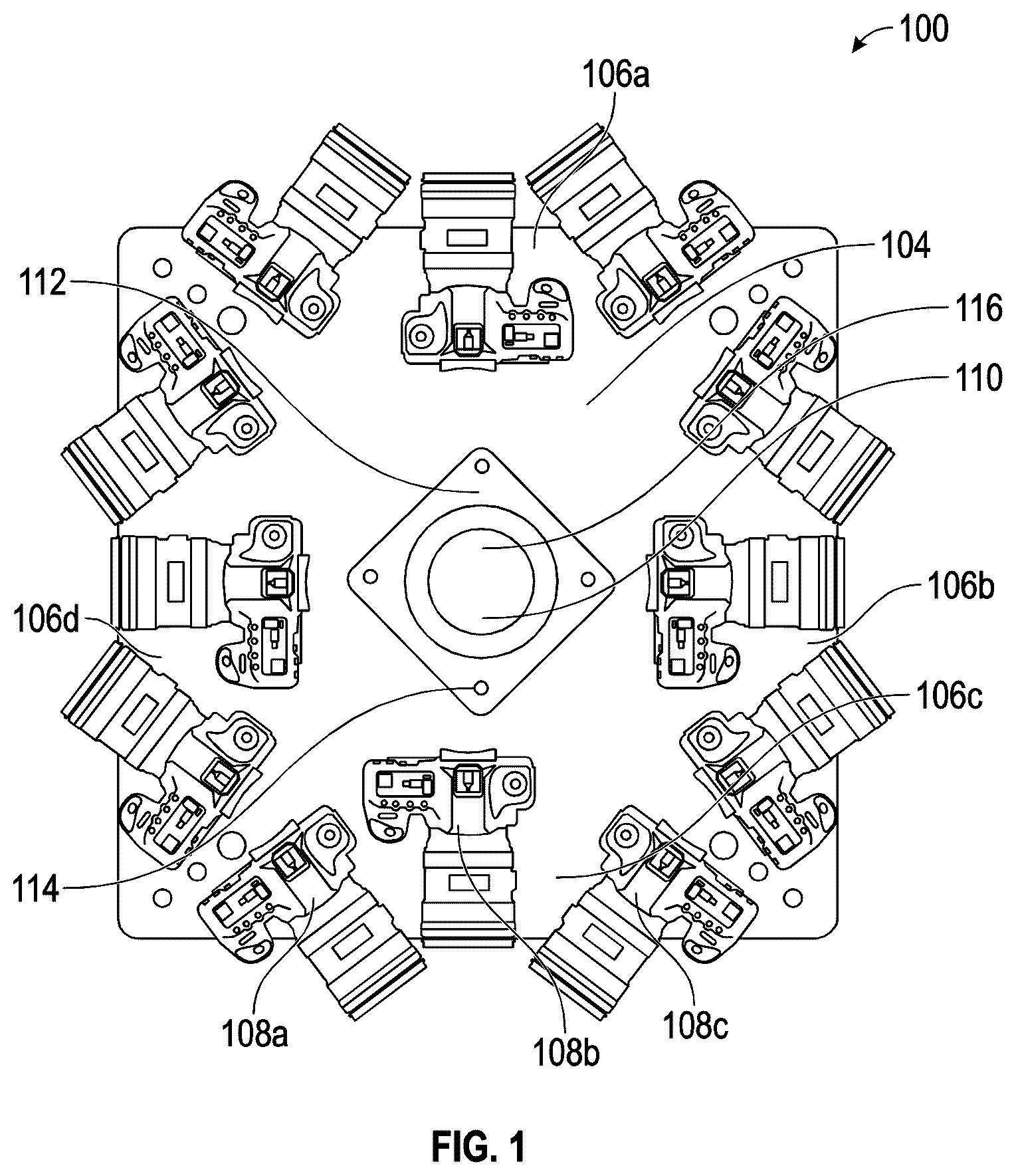 Patent US12613457 Figure 1 – Camera array systems and devices, including floating plate configurations and split plate configurations