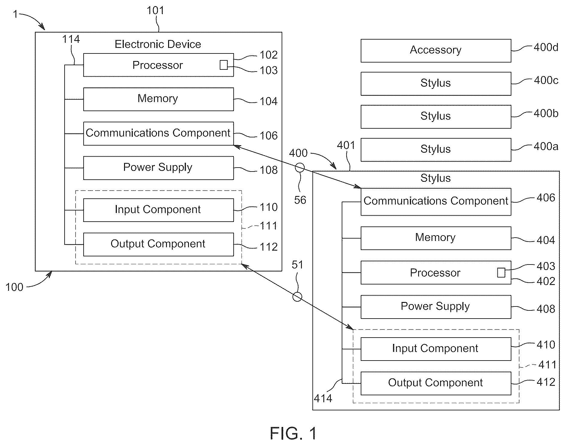 Patent US12613589 Figure 1 – Mechanically sensitive power efficient stylus for an electronic device