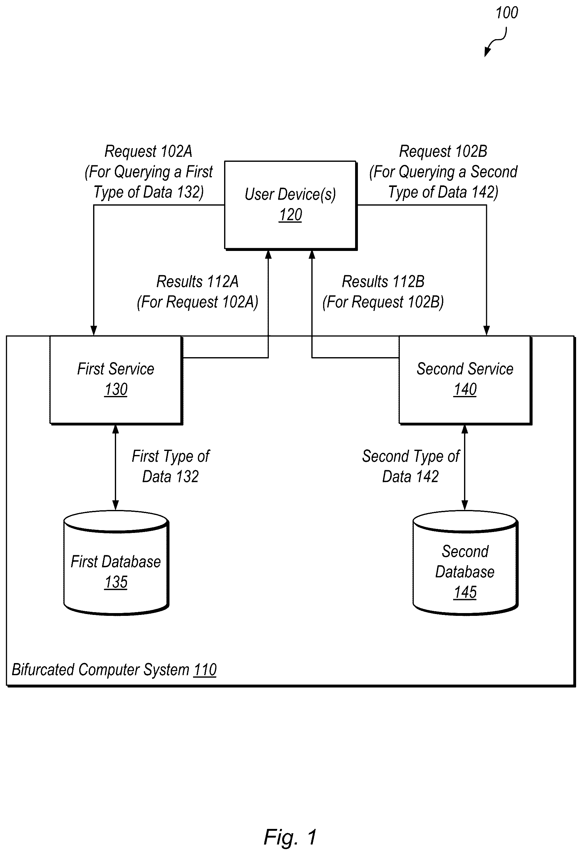 Patent US12613868 Figure 1 – Bifurcated system for querying multiple data types