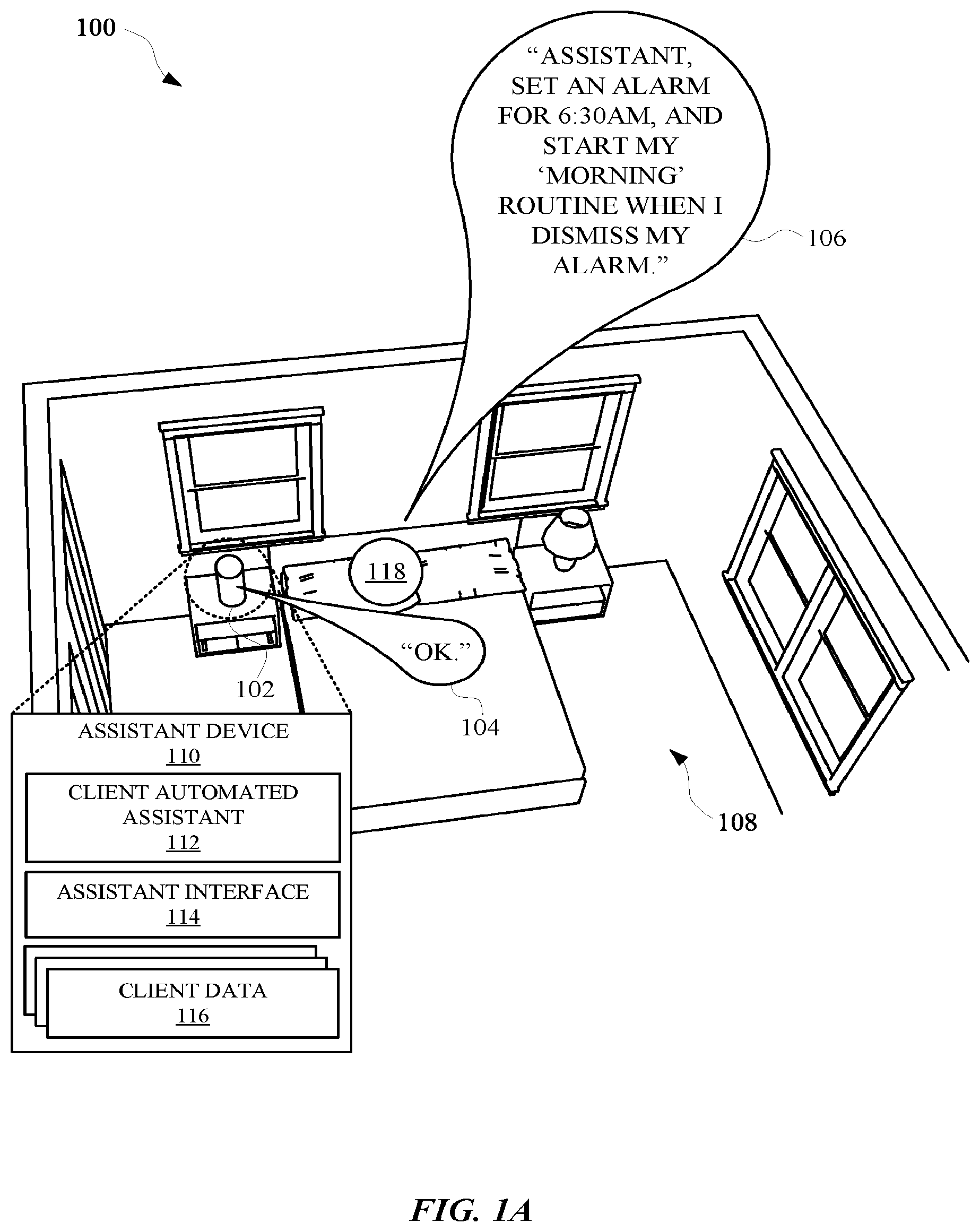 Patent US12614548 Figure 1 – Pre-emptively initializing an automated assistant routine and/or dismissing a scheduled alarm