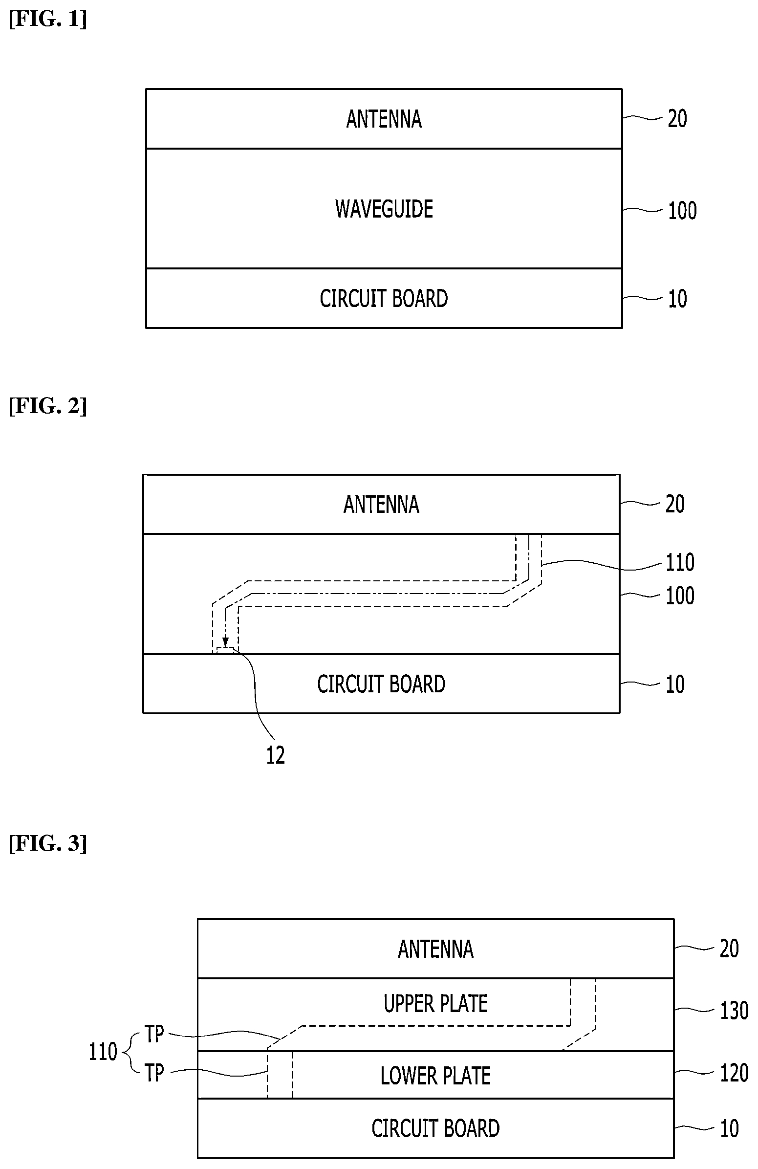 Patent US12614830 Figure 1 – Waveguide comprised of stacked lower and upper plates, where the lower plate is mounted on a circuit board and has a via therein for accommodating a launcher in the via