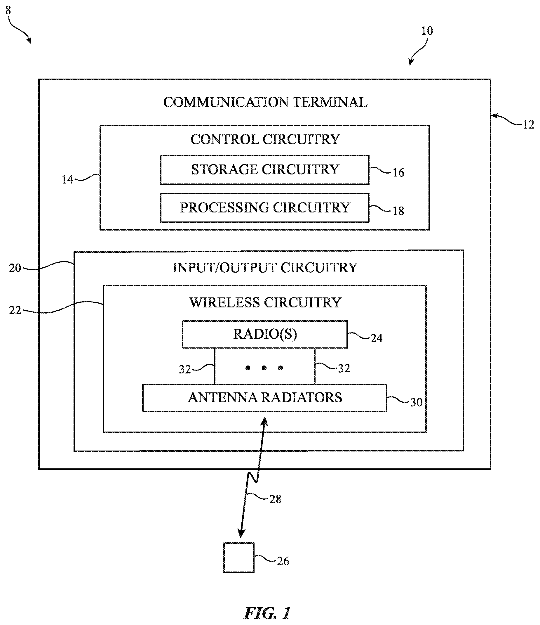 Patent US12614852 — Communication terminal with interwoven and free-standing antenna radiators — Figure 1