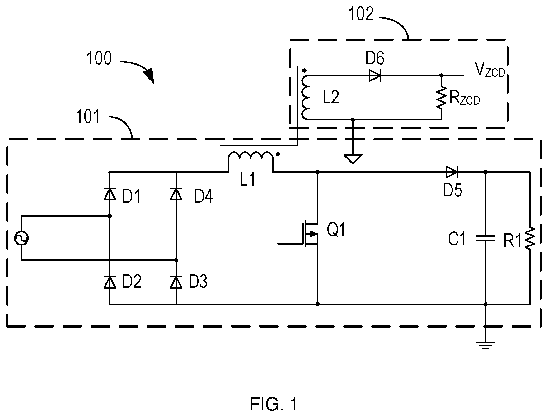 Patent US12614973 Figure 1 – Bidirectional bridgeless PFC circuit