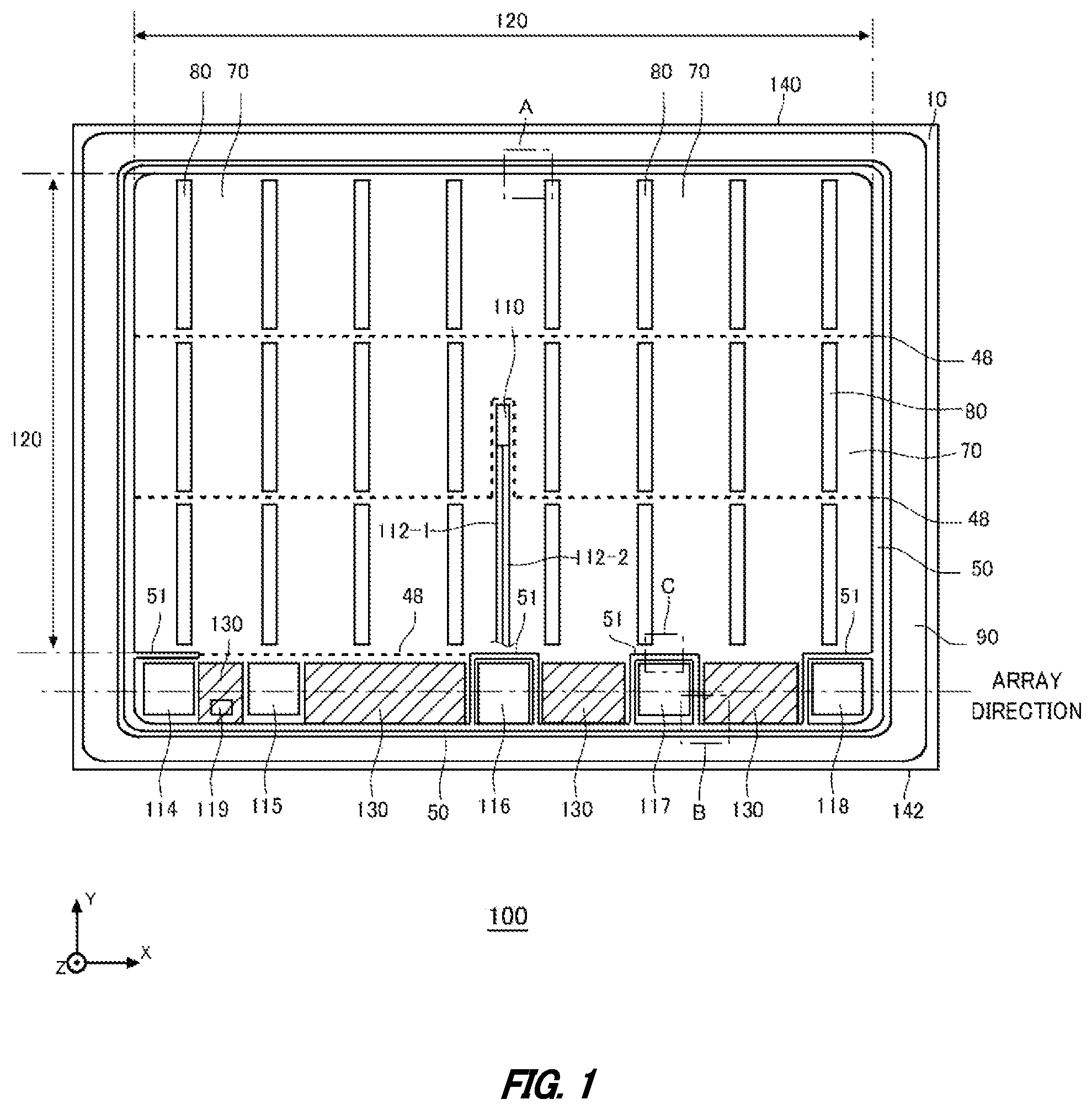 Patent US12615800 Figure 1 – Semiconductor device including a gate trench in an inter-pad region