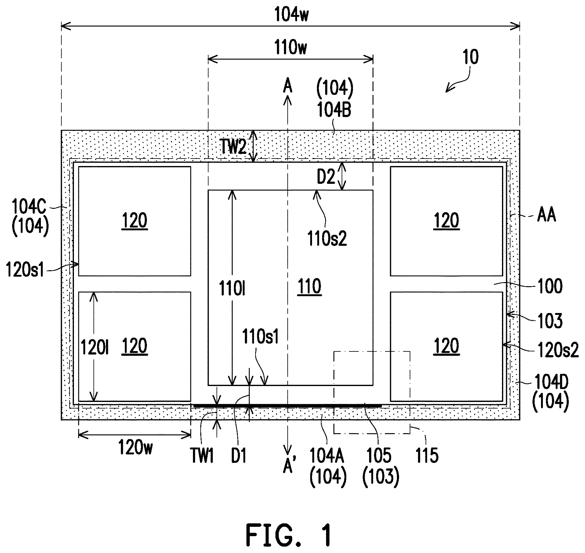 Patent US12616029 Figure 1 – Package structure with stiffener ring having slant sidewall