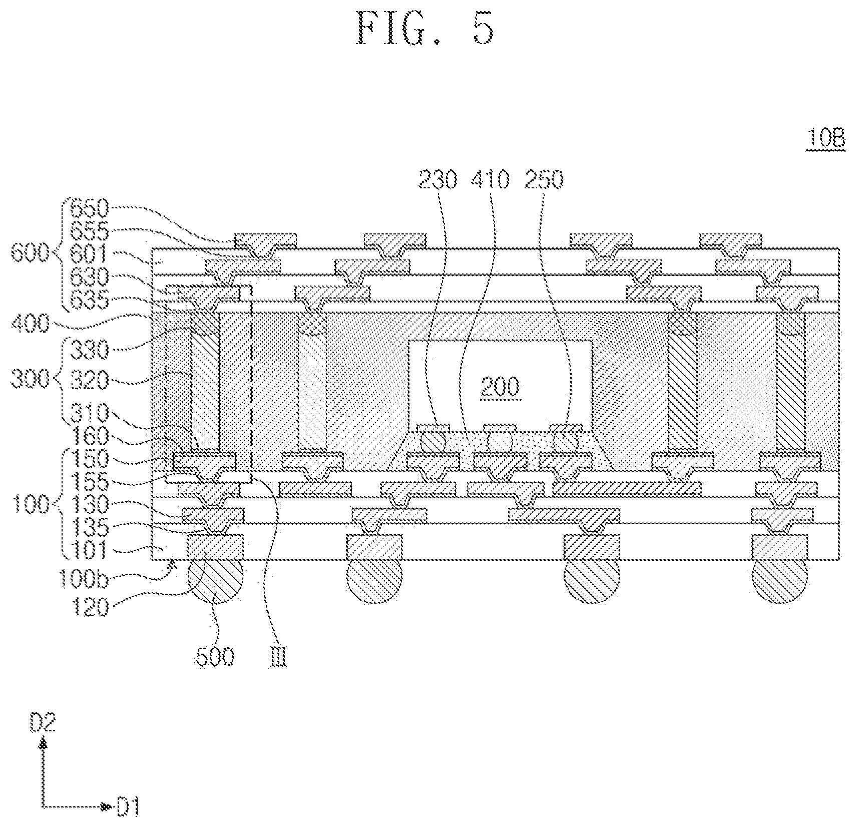 Patent US12616075 Figure 5 – Semiconductor package including a semiconductor chip on a redistribution substrate and conductive structure spaced apart from the semiconductor chip