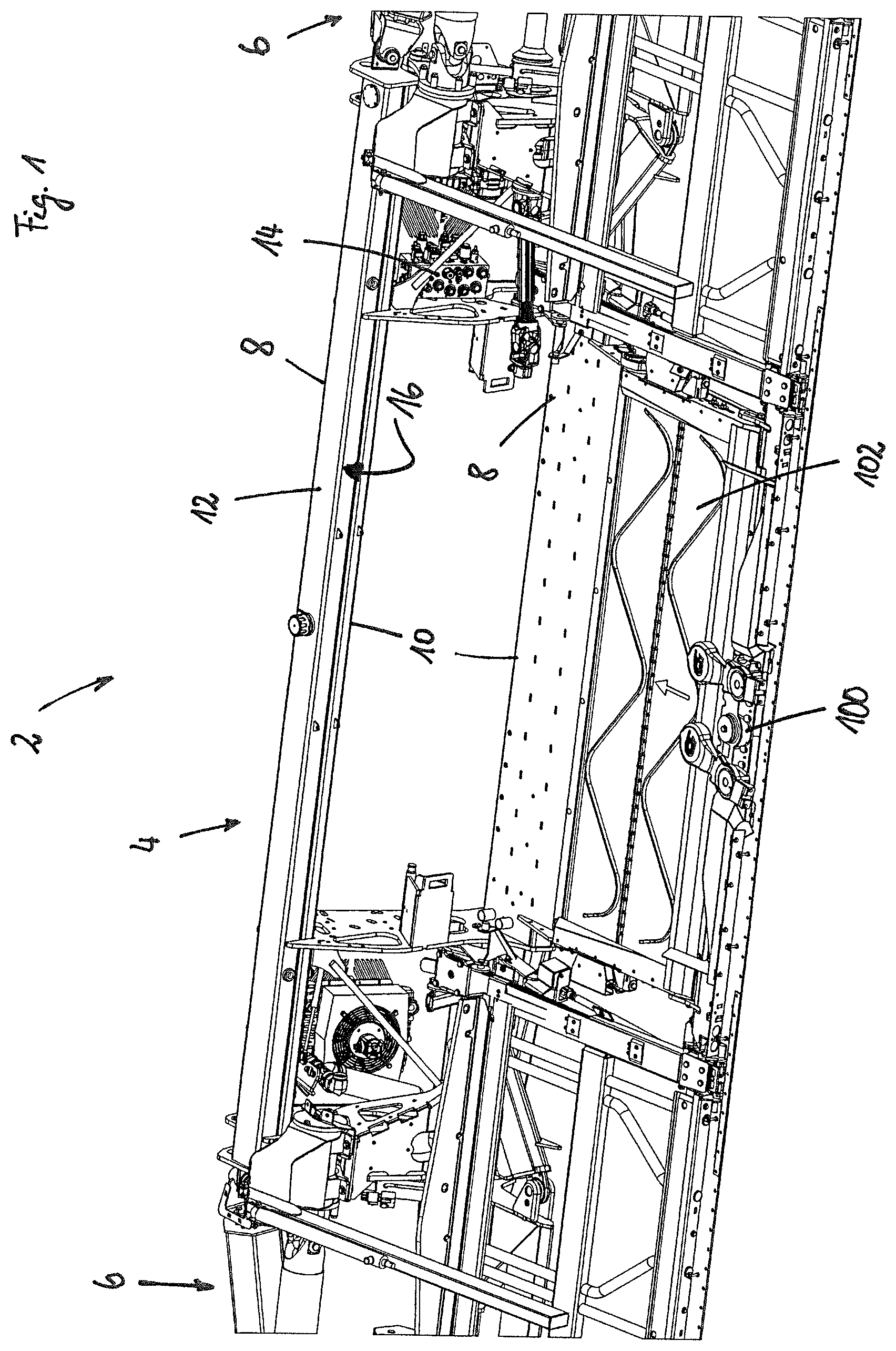 Patent US12616092 — Harvesting device having an integrated hydraulic tank — Figure 1