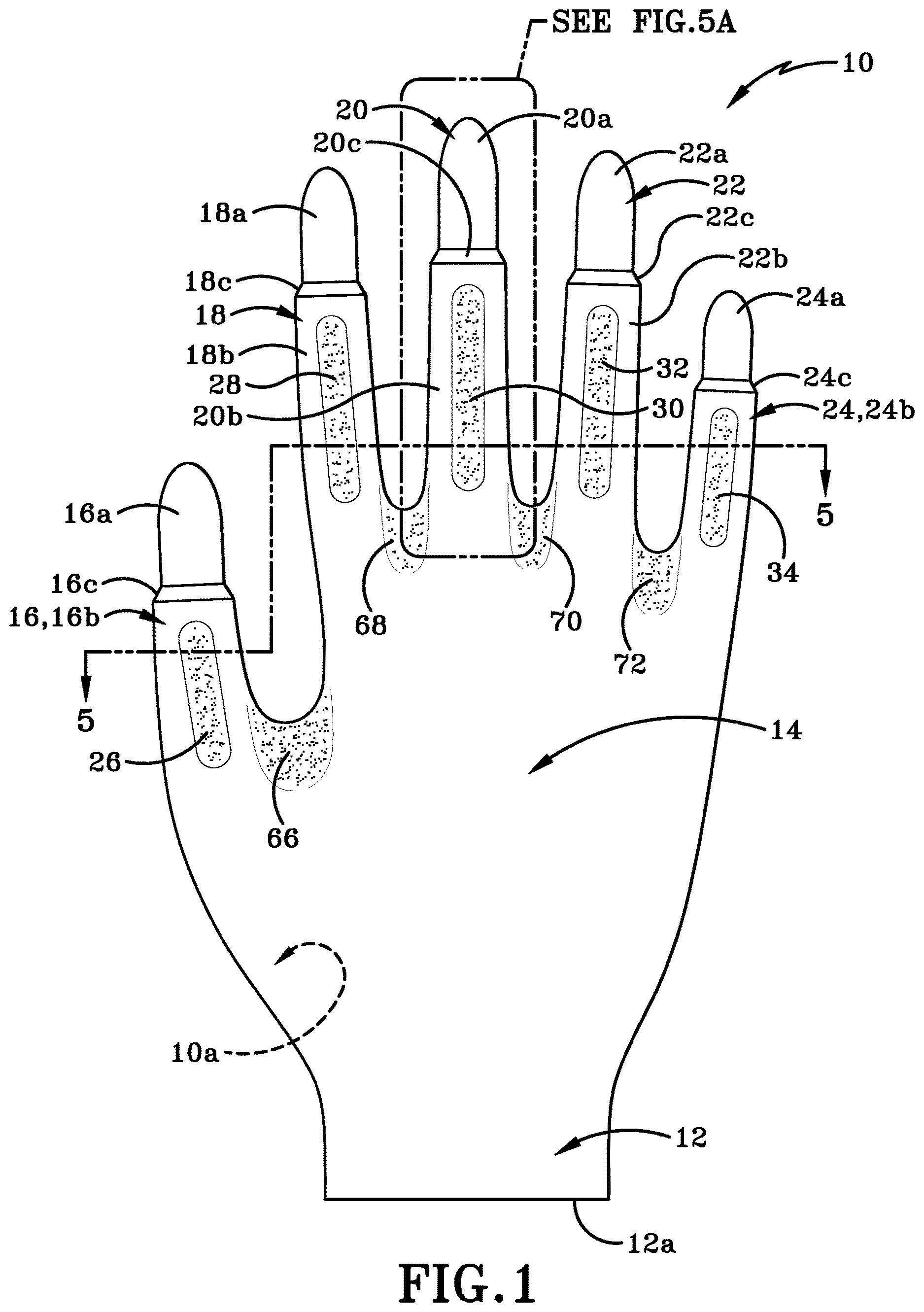Patent US12616259 — Glove with longitudinal finger stays and textured finger and thumb crotches — Figure 1
