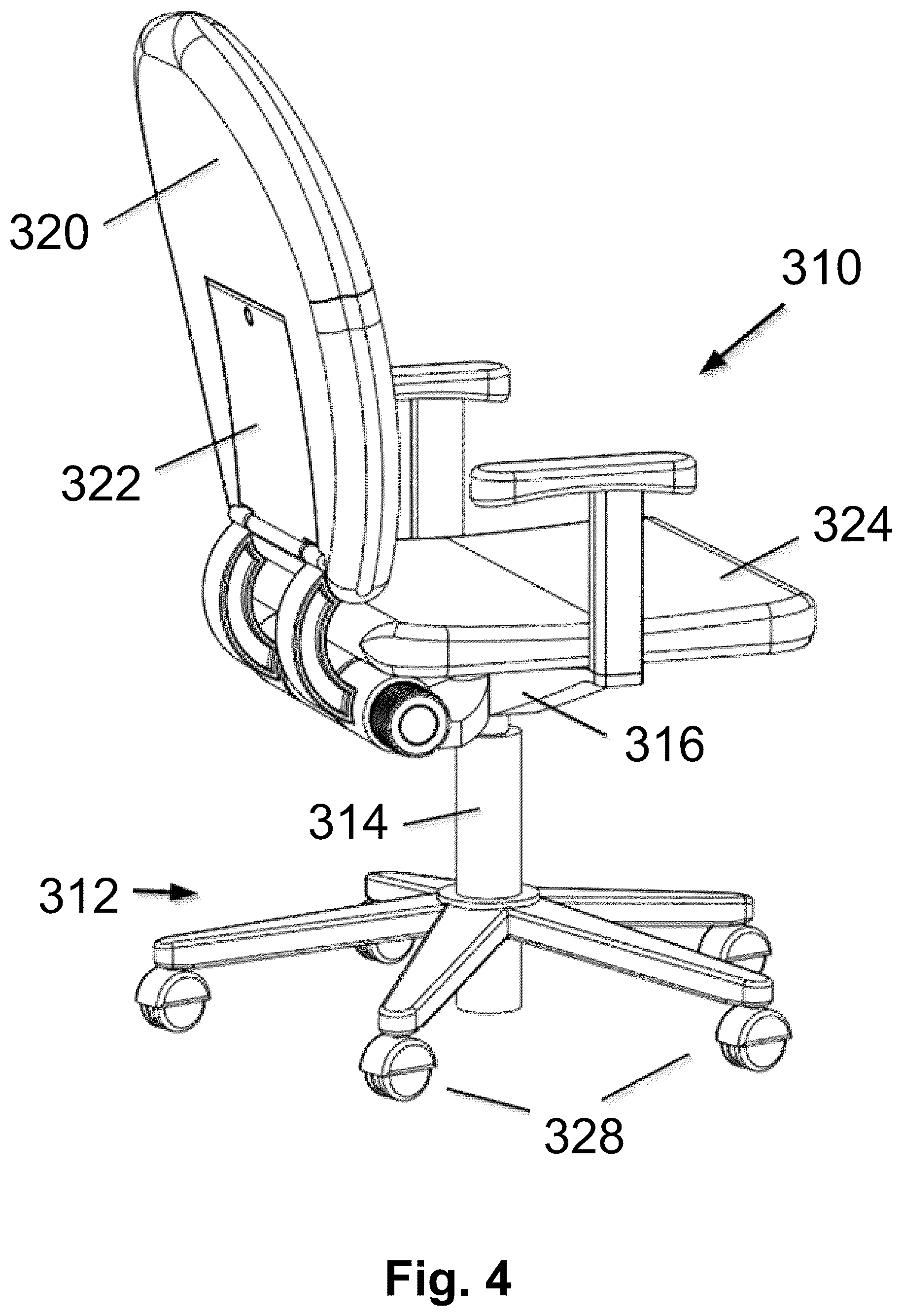 Patent US12616301 Figure 4 – Ergonomic seating system, tilt-lock control and remote powering method and apparatus