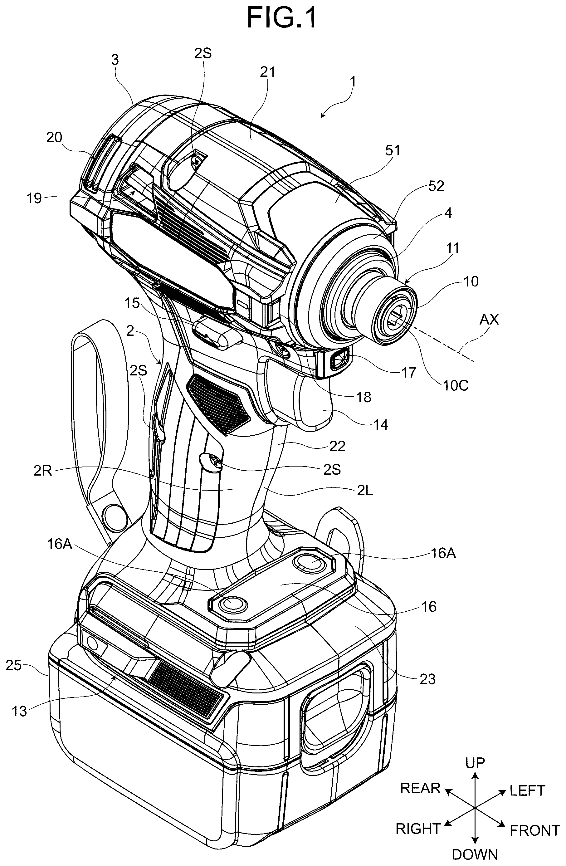 Patent US12617067 Figure 1 – Impact tool, spindle, and spindle manufacturing method