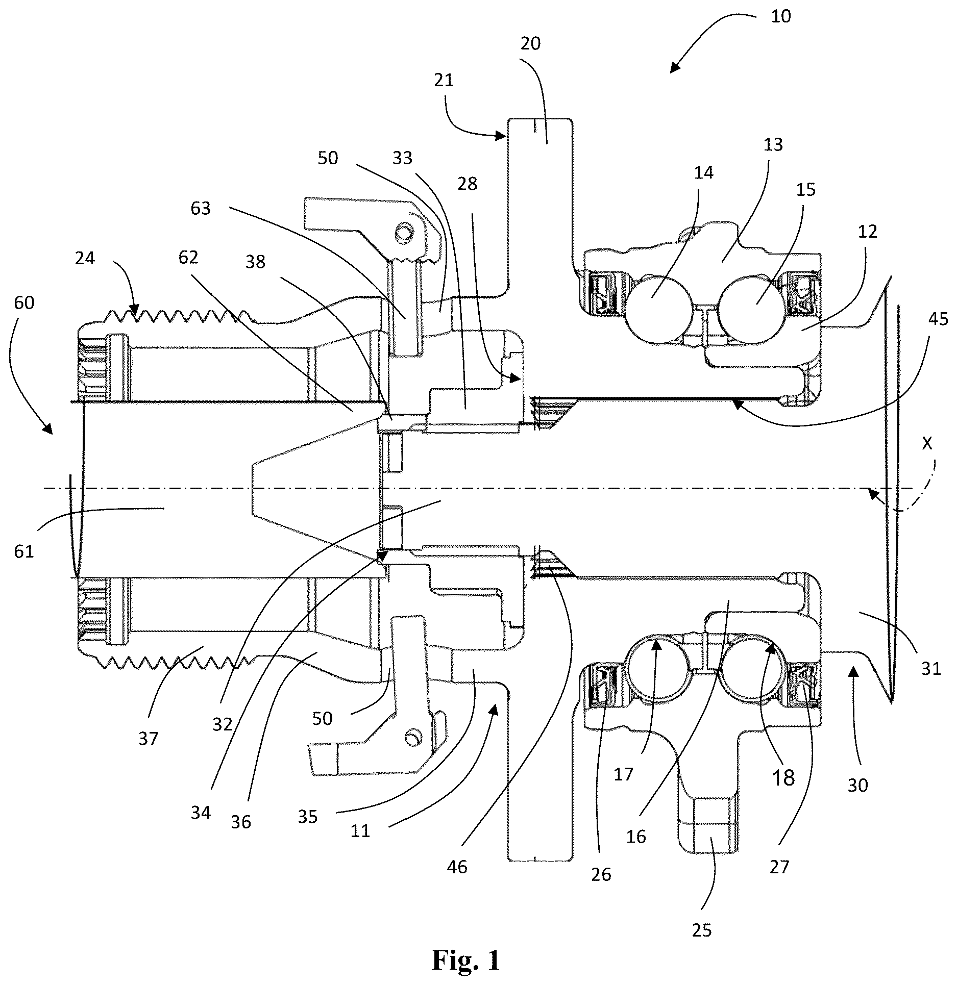 Patent US12617230 Figure 1 – Integrated hub bearing unit